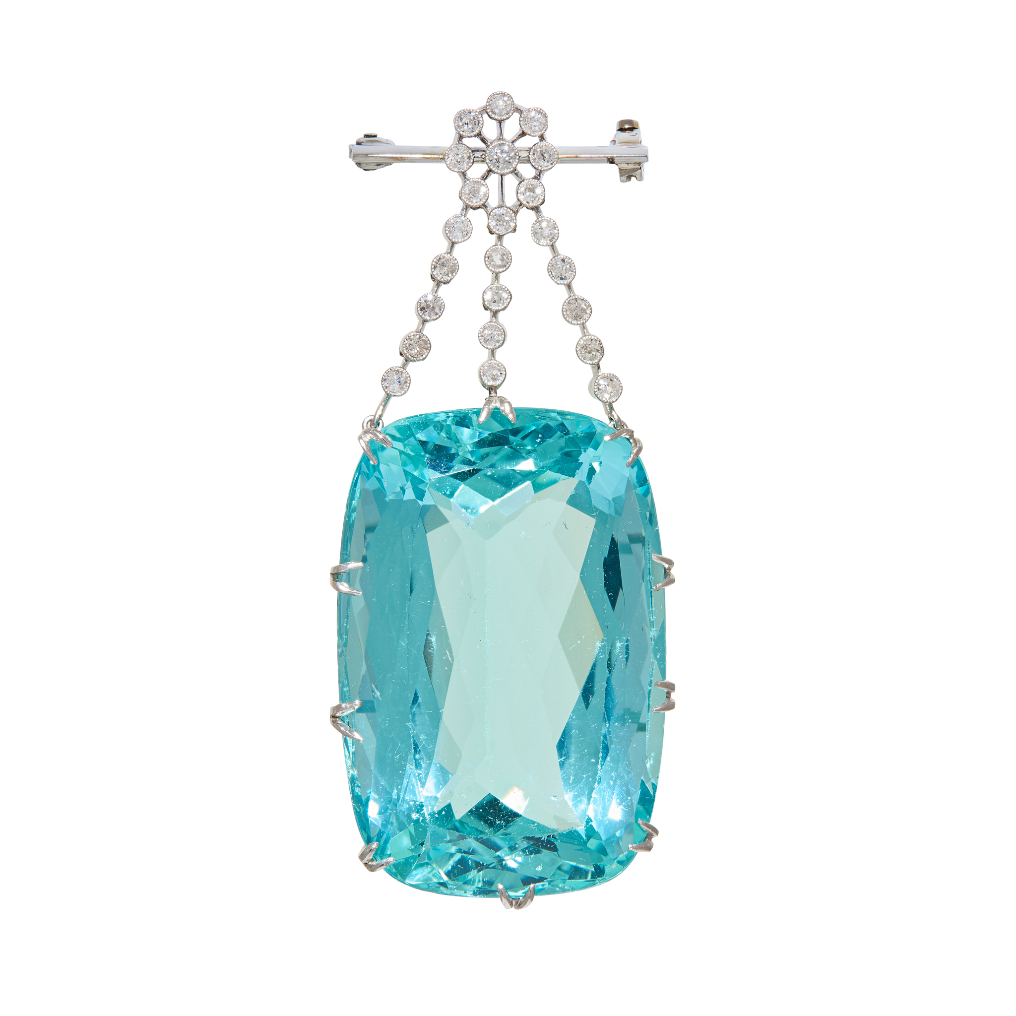 An early 20th century aquamarine and diamond pendent brooch