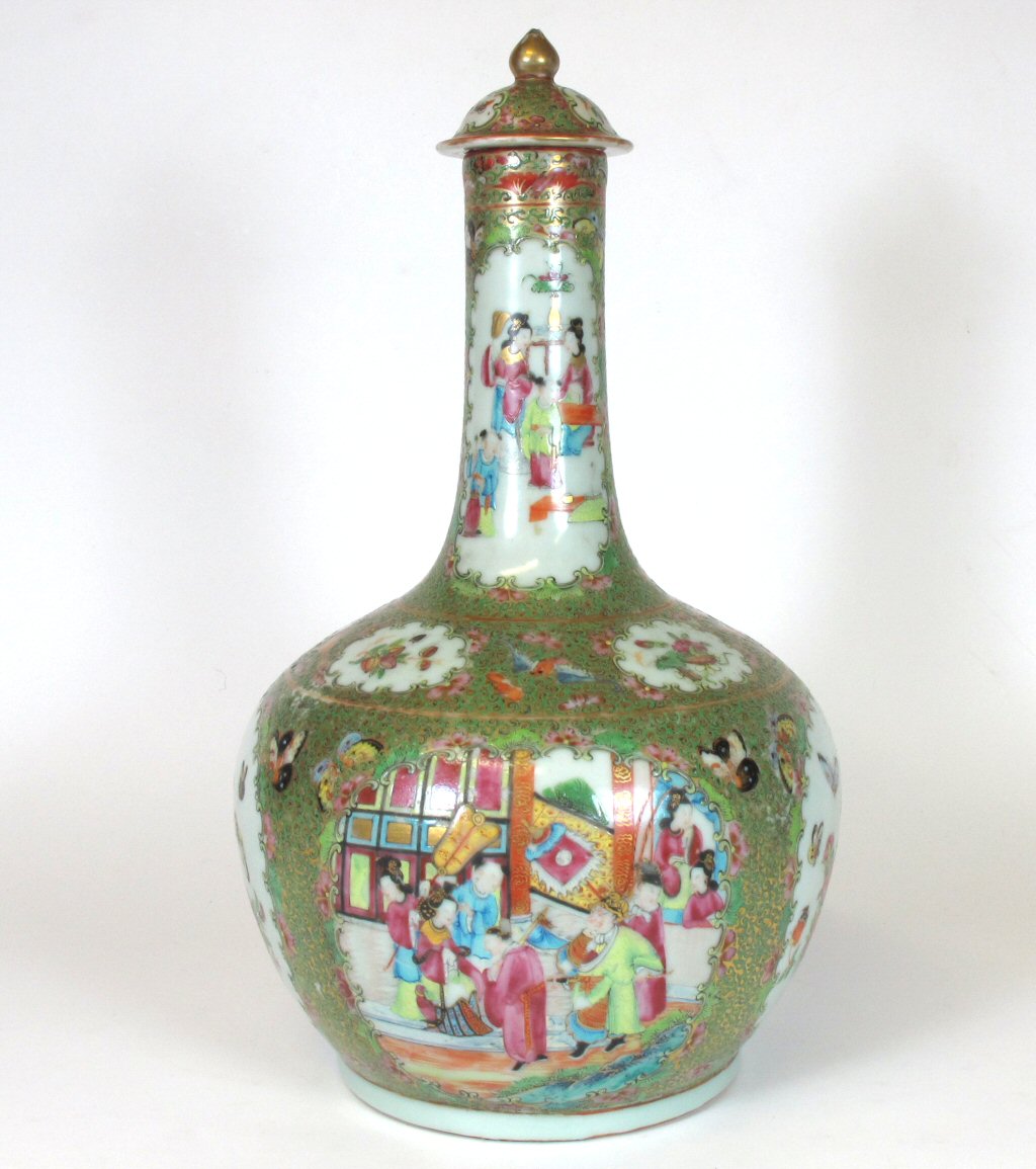 CHINESE CANTON FAMILLE ROSE BOTTLE VASE AND COVER