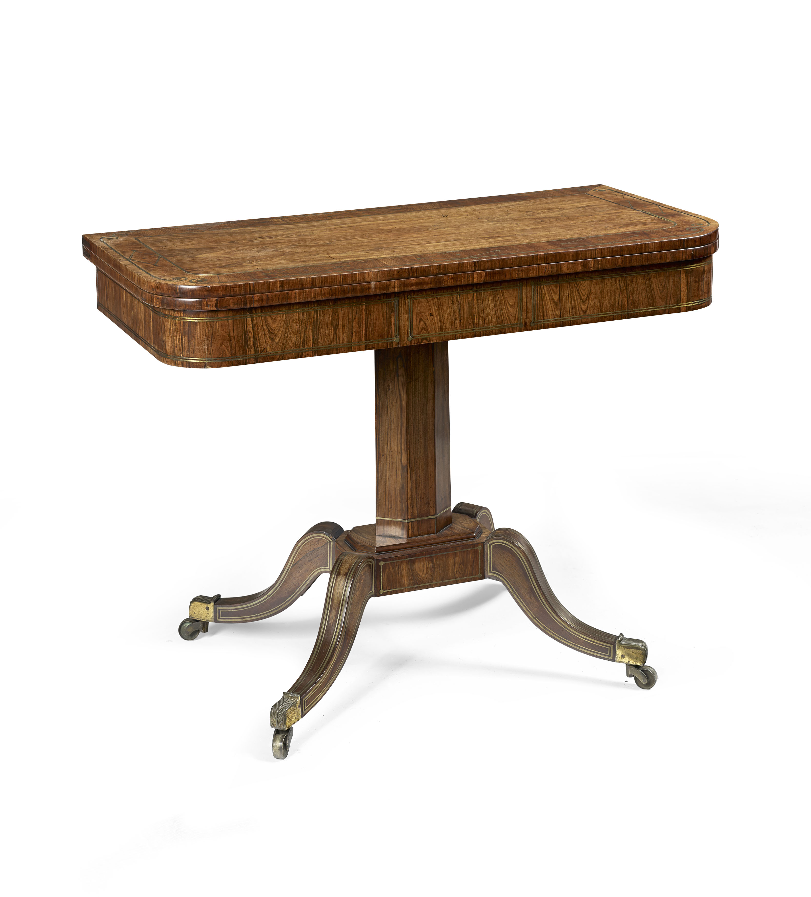 REGENCY ROSEWOOD AND BRASS INLAY FOLDOVER CARD TABLE