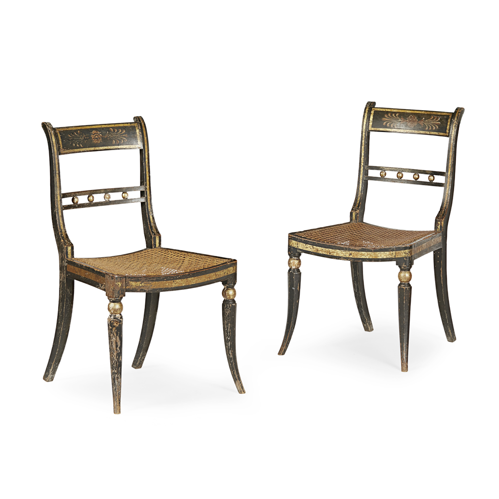 PAIR OF REGENCY EBONISED, PAINTED AND GILT SIDE CHAIRS