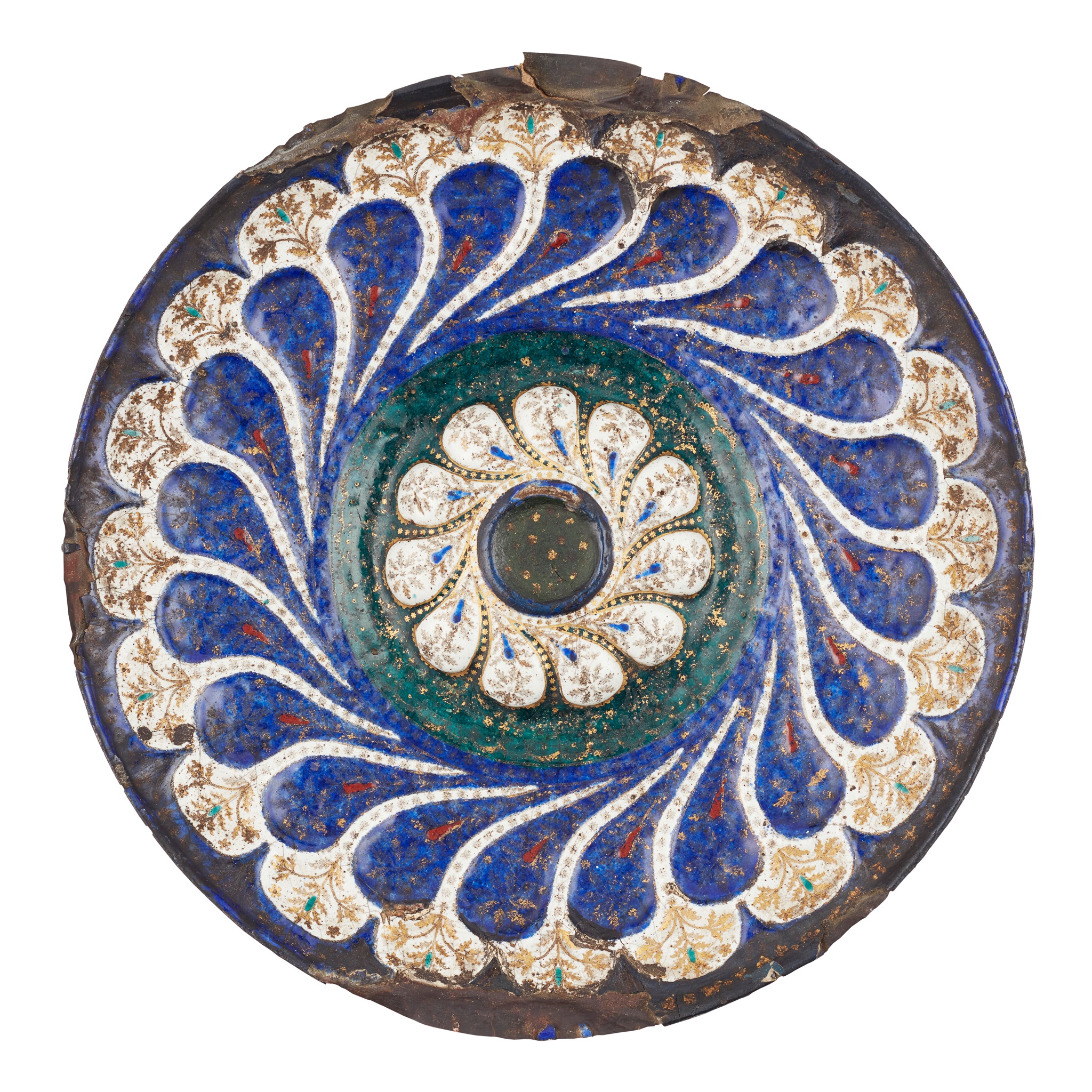 RARE VENETIAN ENAMEL AND PARCEL GILT DECORATED COPPER CHARGER