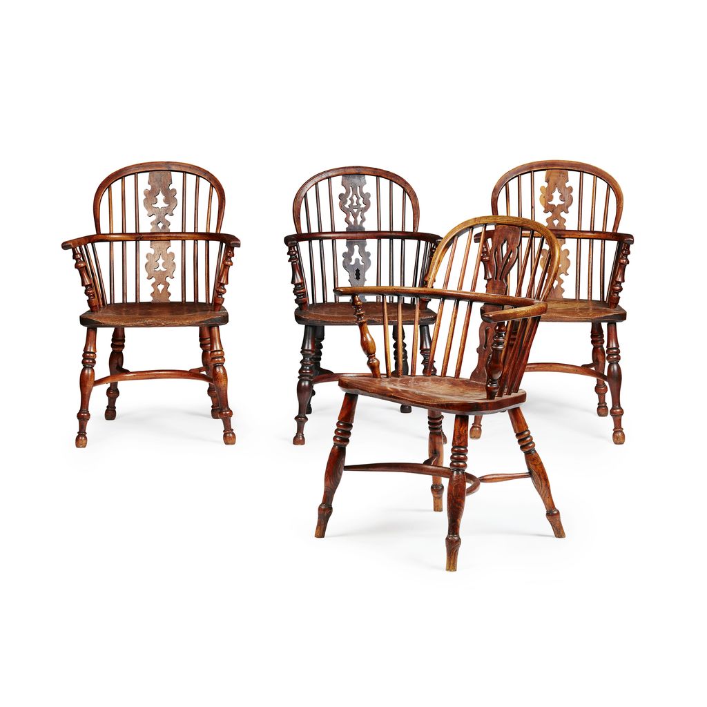 FOUR ELM AND YEW WOOD WINDSOR ARMCHAIRS