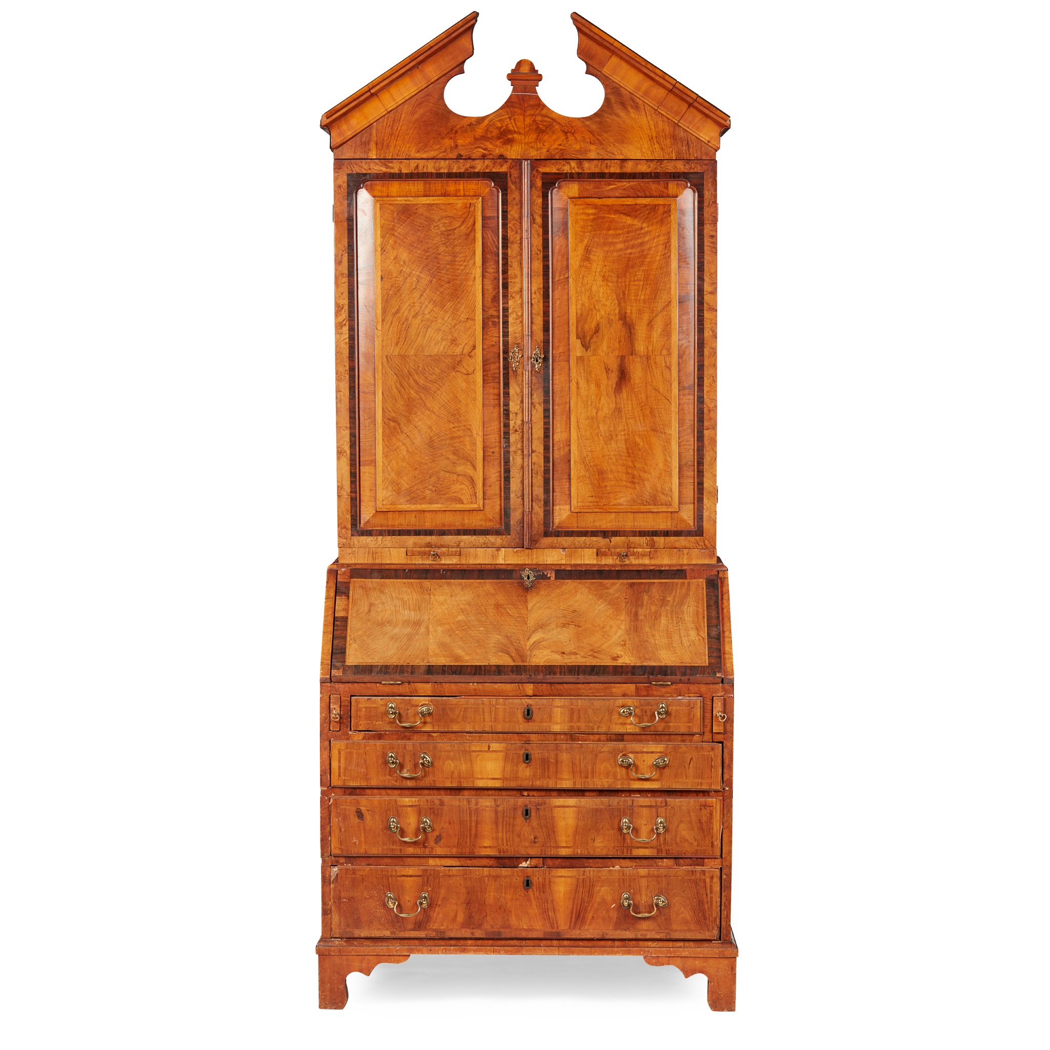 GEORGE II WALNUT AND LABURNUM BUREAU BOOKCASE