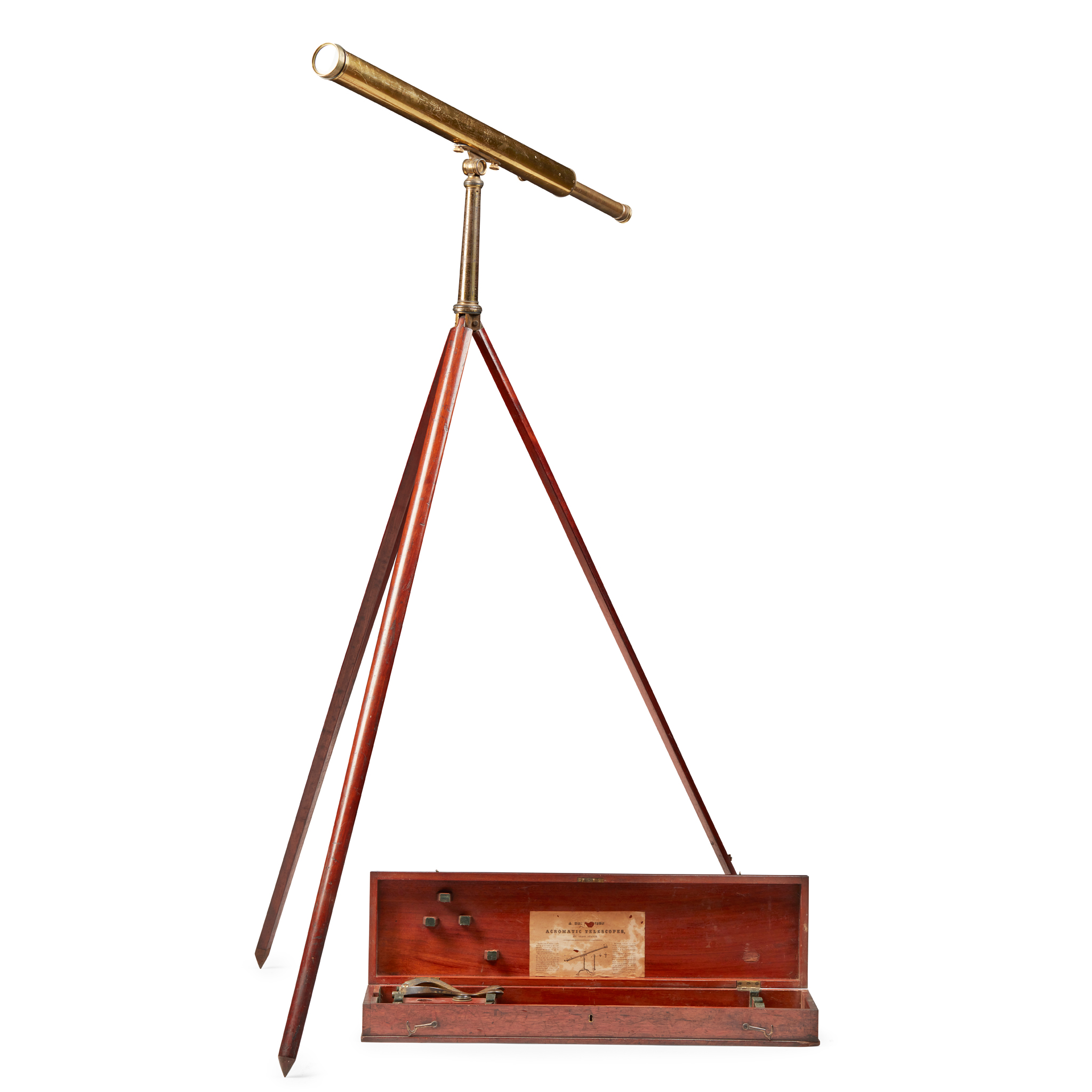 ENGLISH BRASS ACHROMATIC REFRACTING TELESCOPE, CASE AND STAND