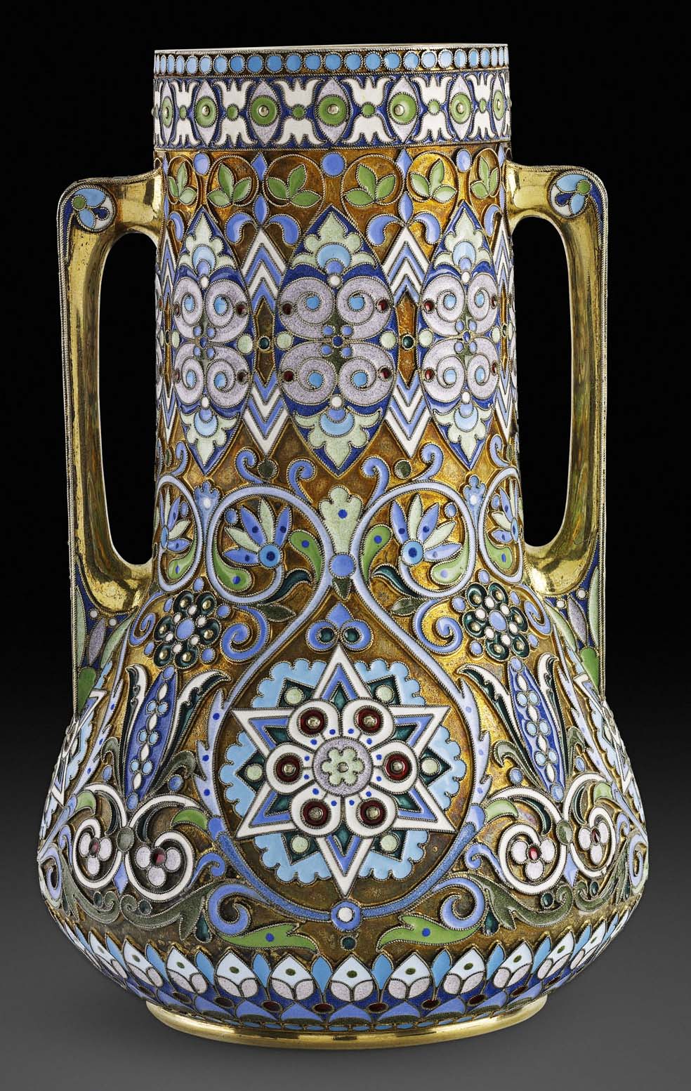 A Russian silver-gilt and cloisonné enamel two-handled vase
