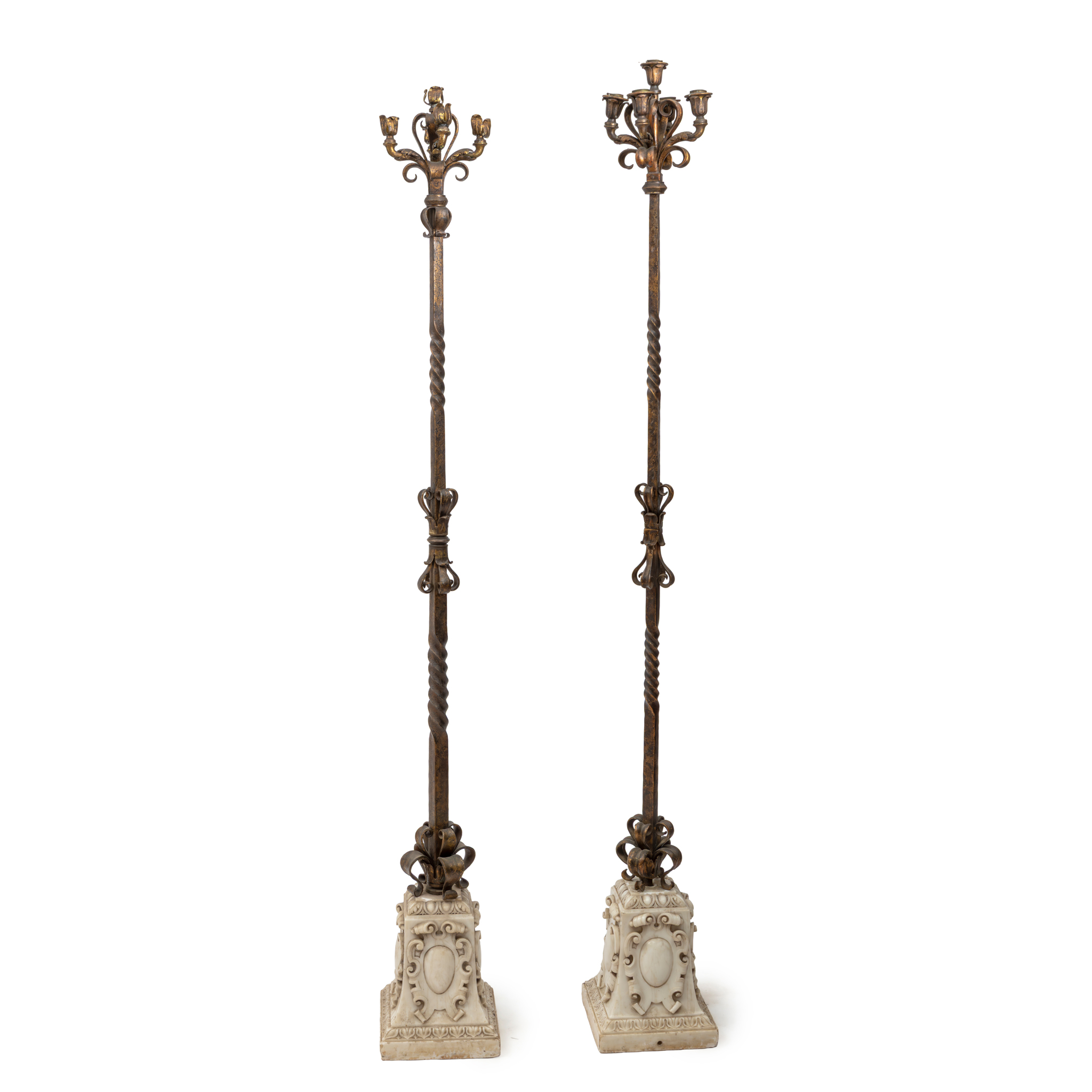 A MATCHED PAIR OF BRONZE AND MARBLE FLOOR STANDING CANDELABRA