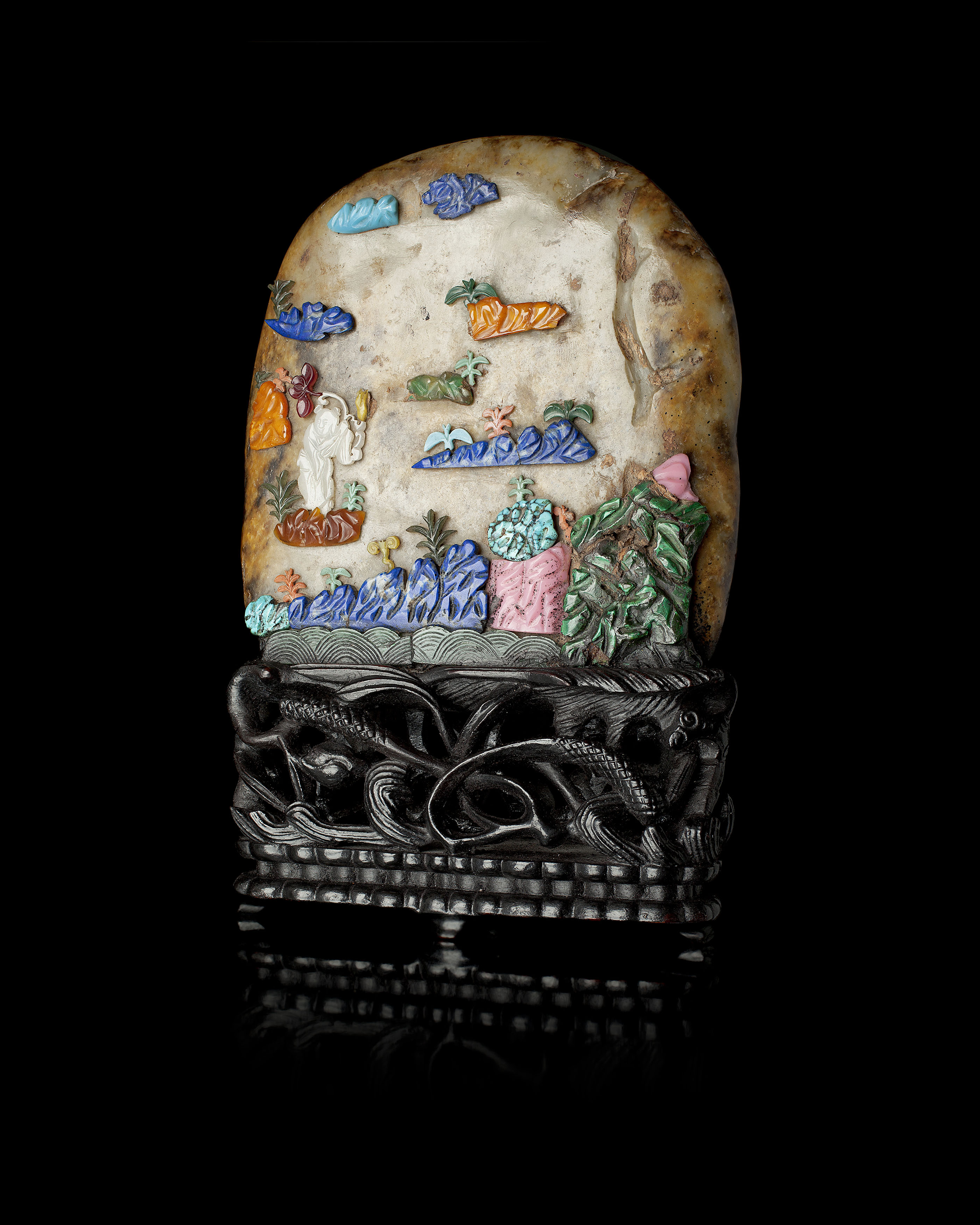 CHINESE JADE AND HARDSTONE MOUNTED SCHOLAR'S BOULDER