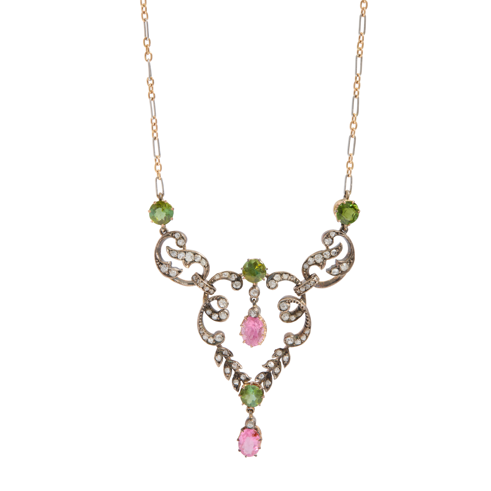 A late 19th century peridot, kunzite and diamond necklace