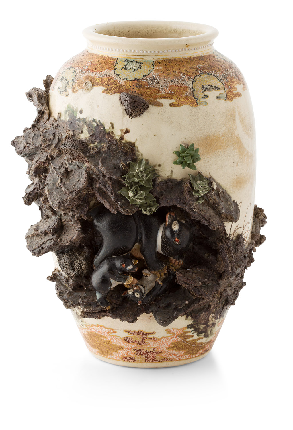 JAPANESE RELIEF MOULDED EARTHENWARE VASE BY MIYAGAWA (MAKUZU) KOZAN