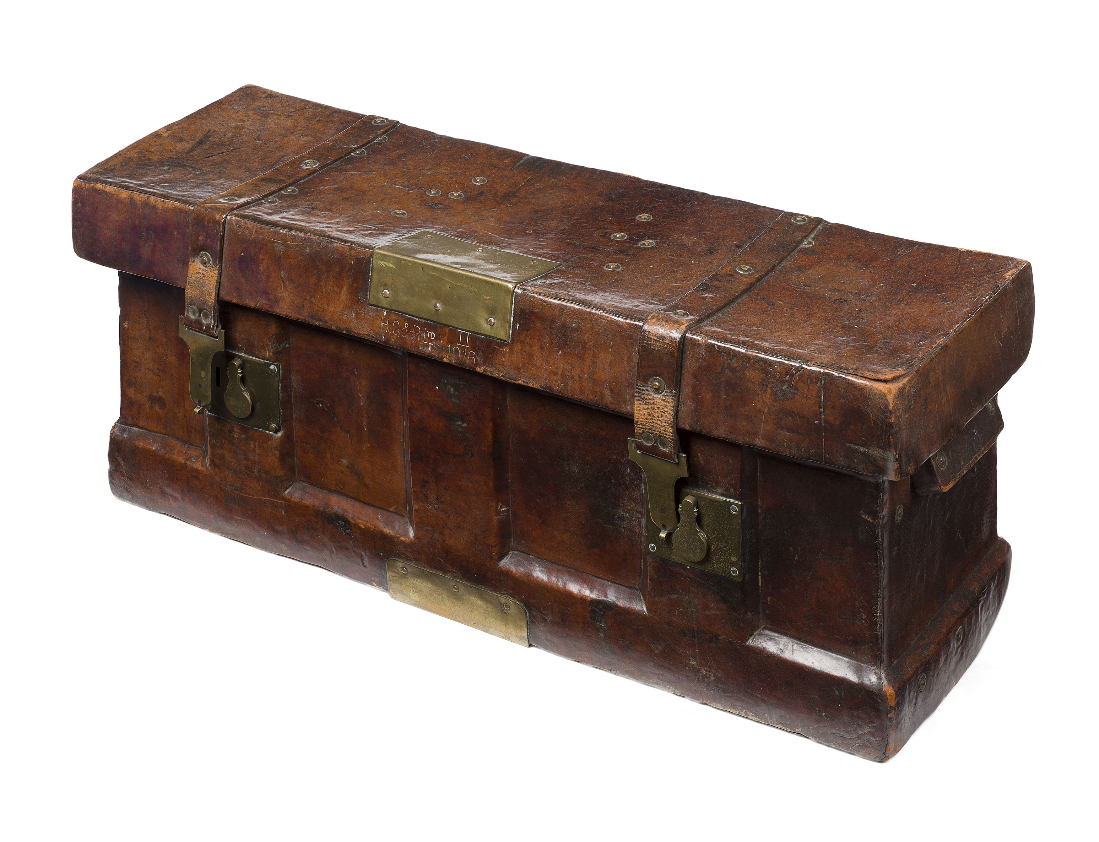 VICTORIAN LEATHER AND BRASS MOUNTED TRUNK