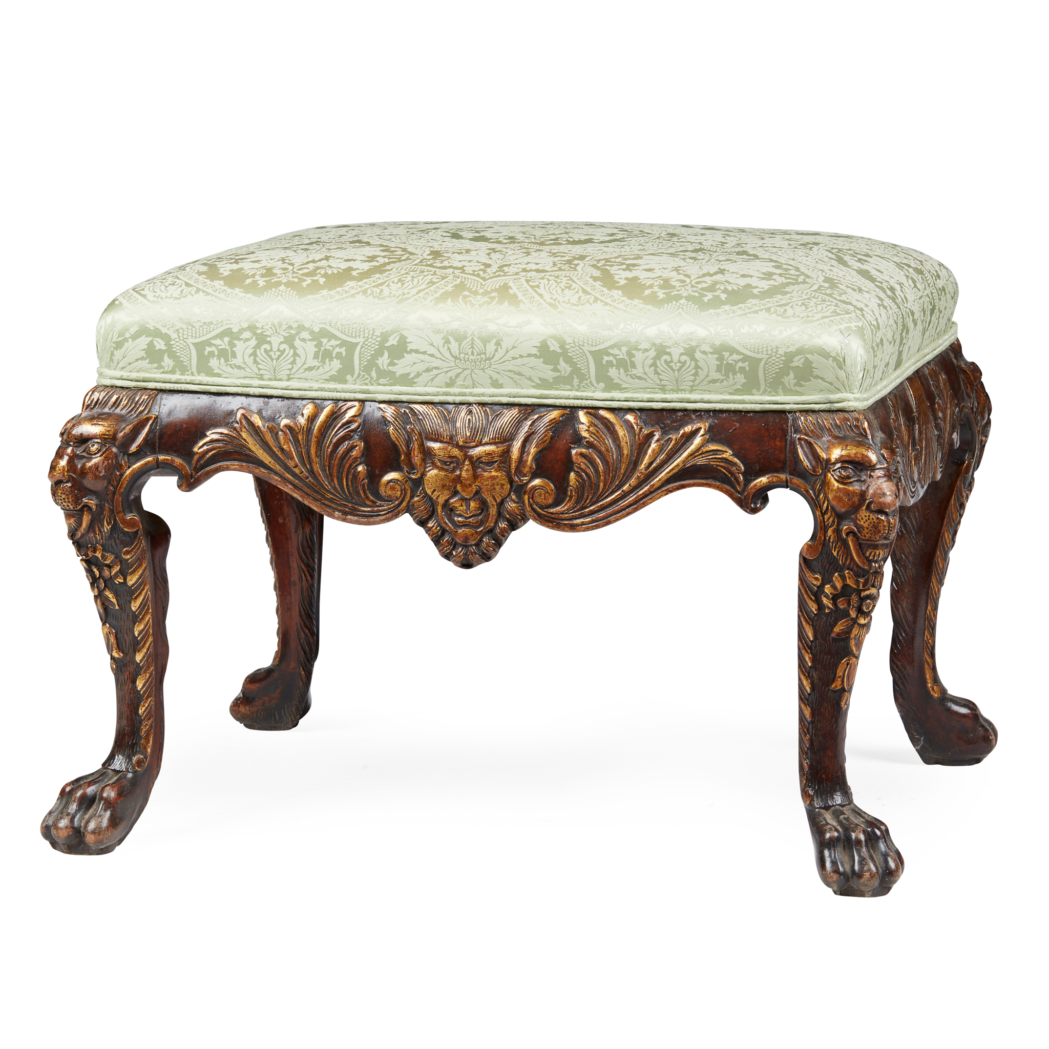 GEORGE II STYLE WALNUT AND PARCEL-GILT STOOL, IN THE MANNER OF WILLIAM KENT