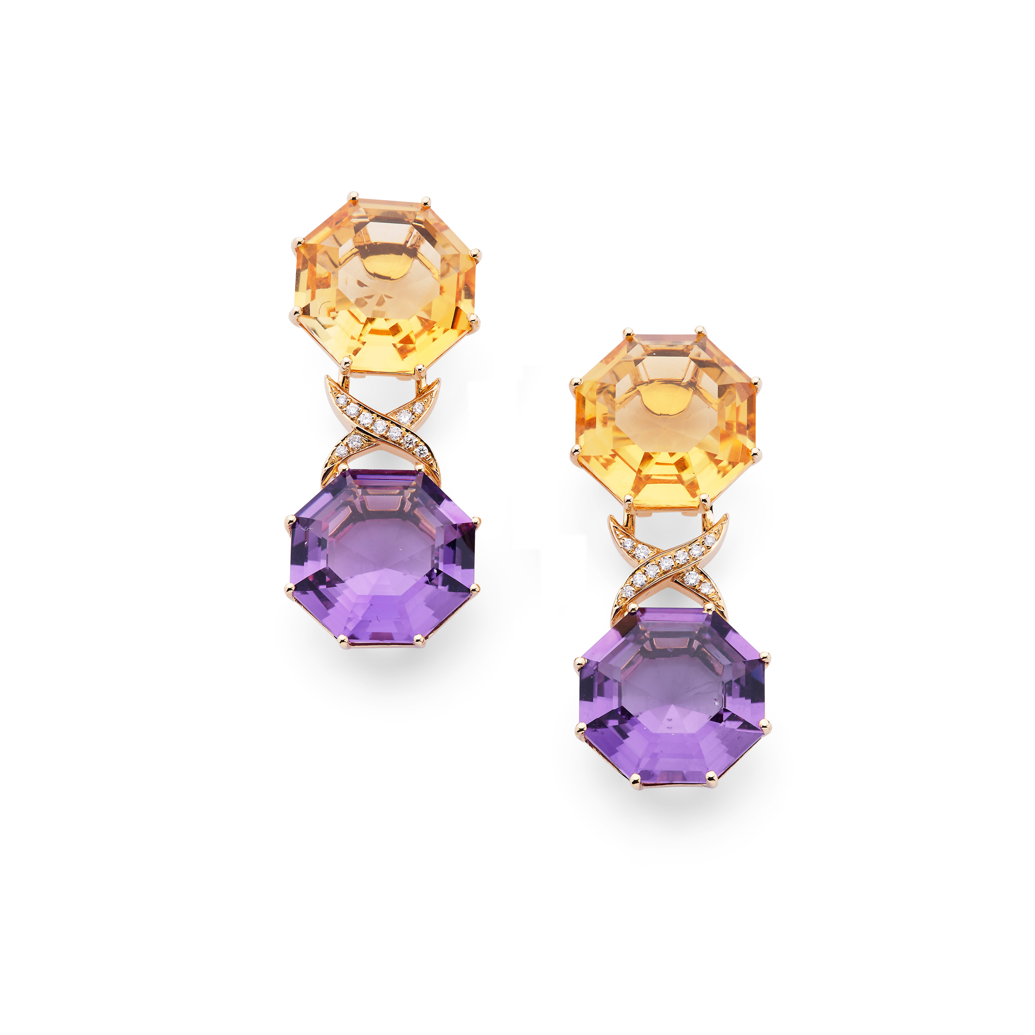A pair of amethyst, citrine and diamond pendent earrings