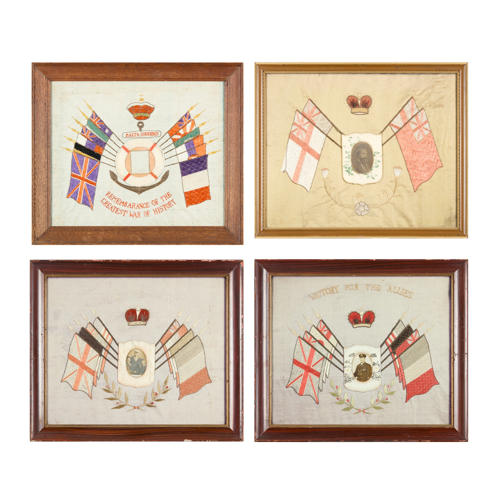 GROUP OF FOUR WORLD WAR I FRAMED SWEETHEART EMBROIDERIES