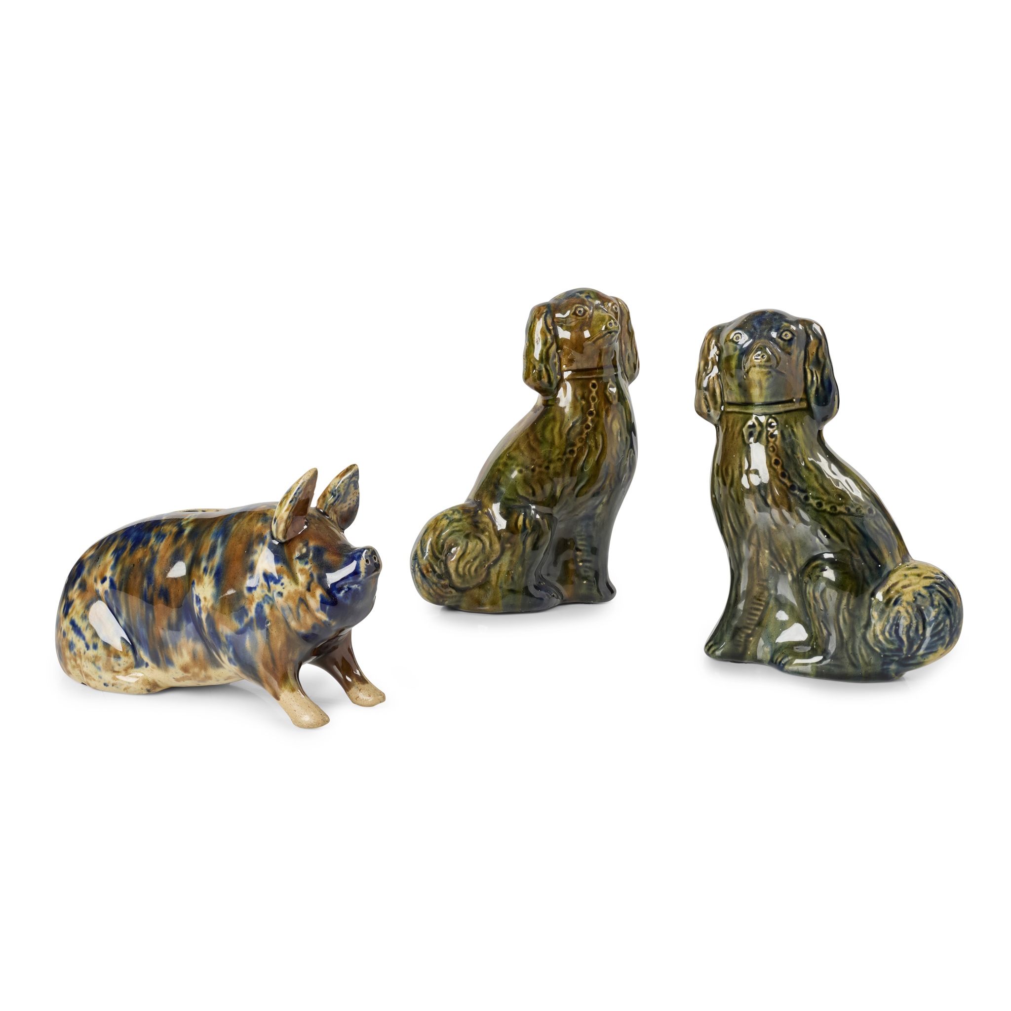 MORRISON AND CRAWFORD POTTERY PIG MONEY BOX AND A PAIR OF FIRESIDE SPANIELS