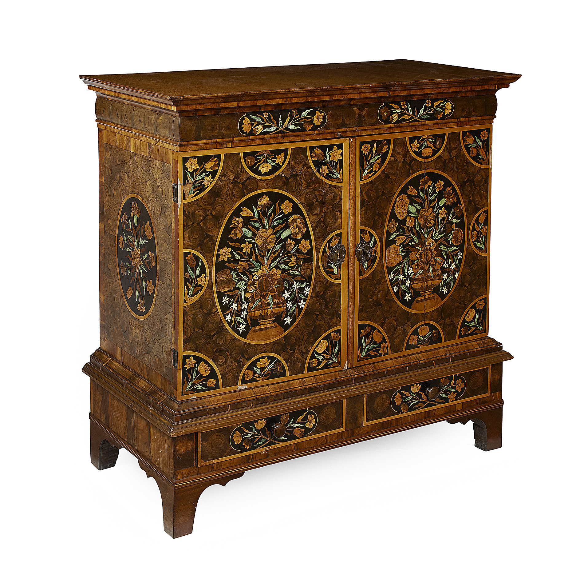 WILLIAM & MARY OYSTER VENEERED WALNUT AND FLORAL MARQUETRY INLAID CABINET ON STAND