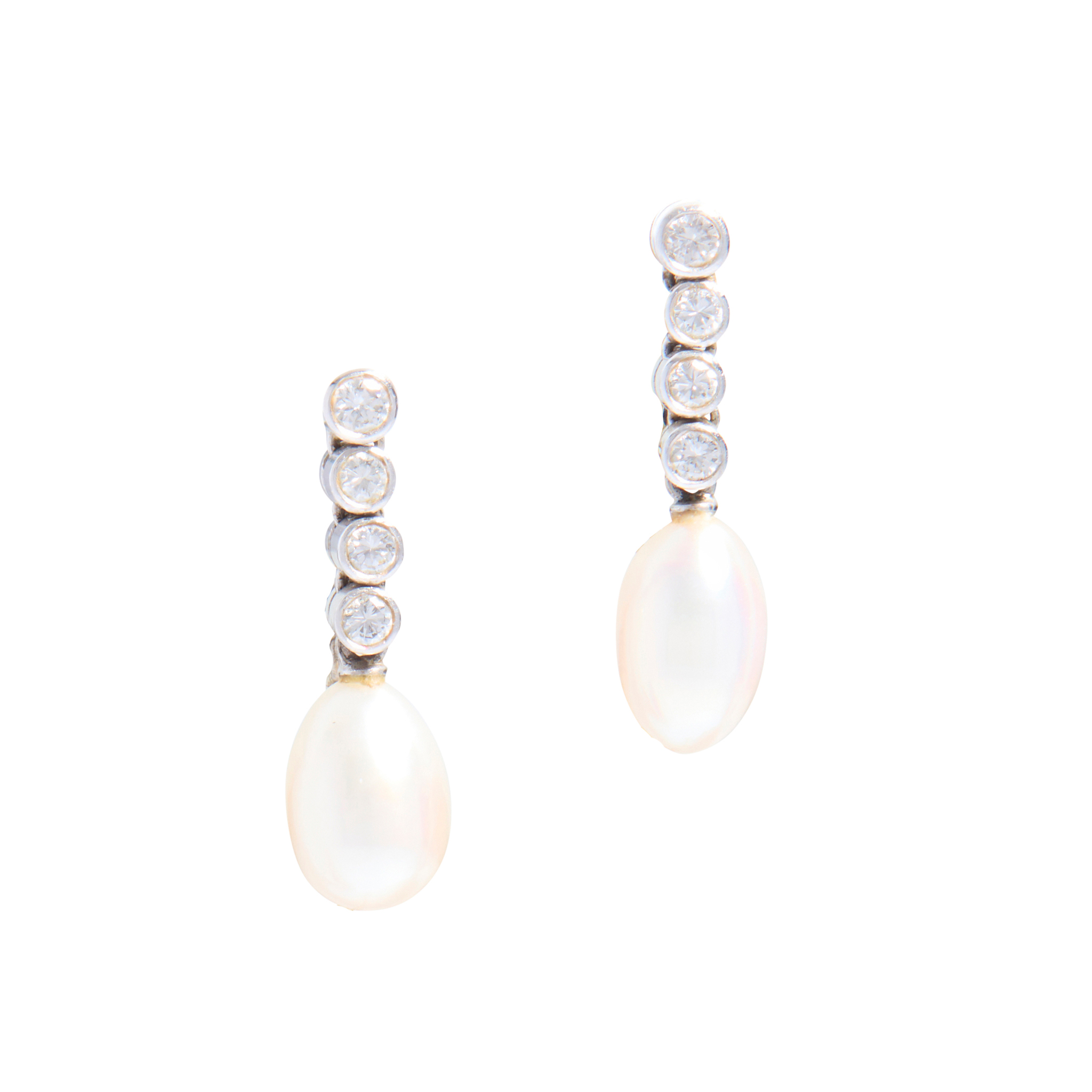 A pair of natural freshwater pearl and diamond earrings