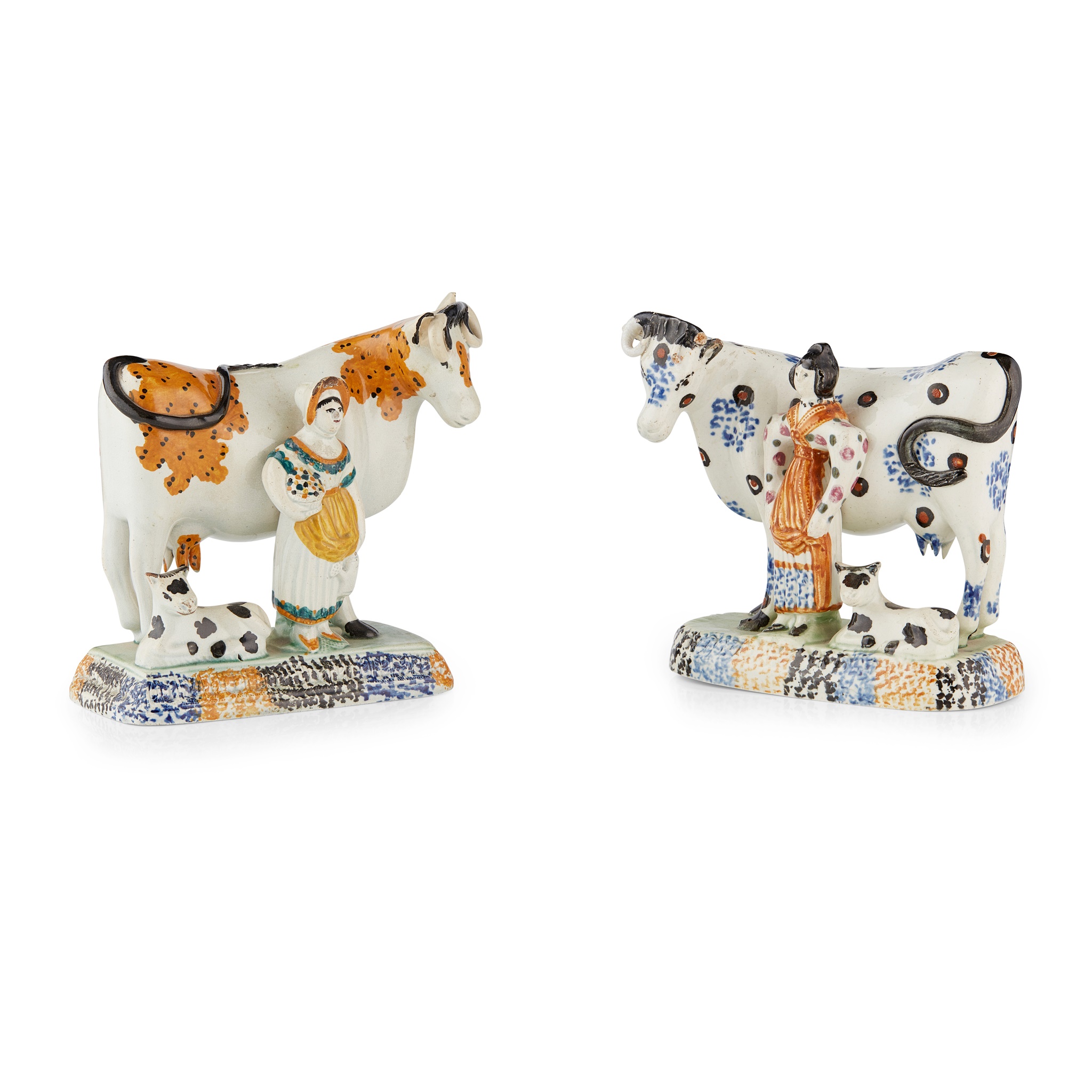 TWO YORKSHIRE PRATTWARE COW AND CALF FIGURES
