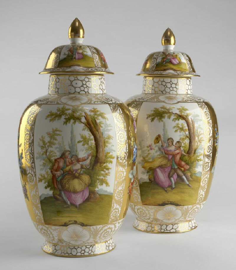 A pair of large late 19th/early 20th century Dresden vases and covers