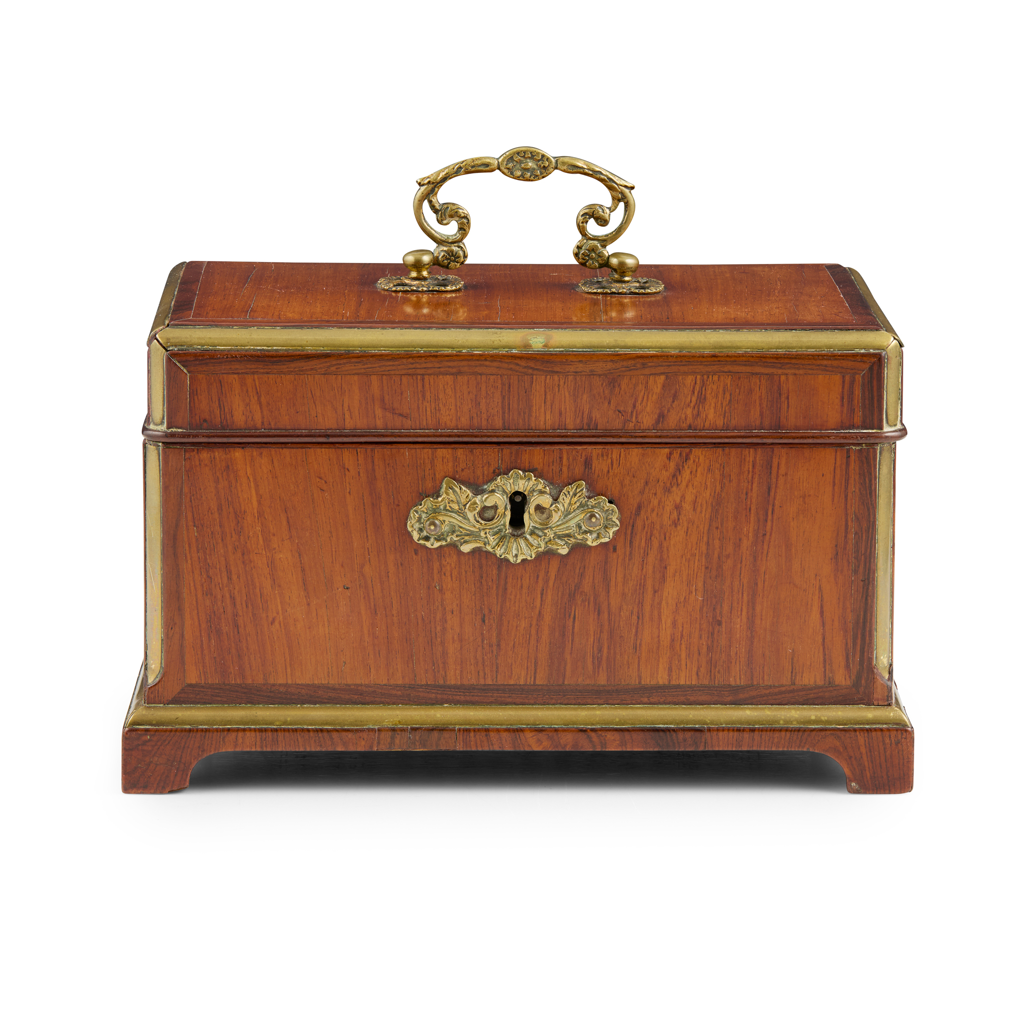 GEORGE II PADOUK AND BRASS TEA CADDY, IN THE MANNER OF LANDALL & GORDON