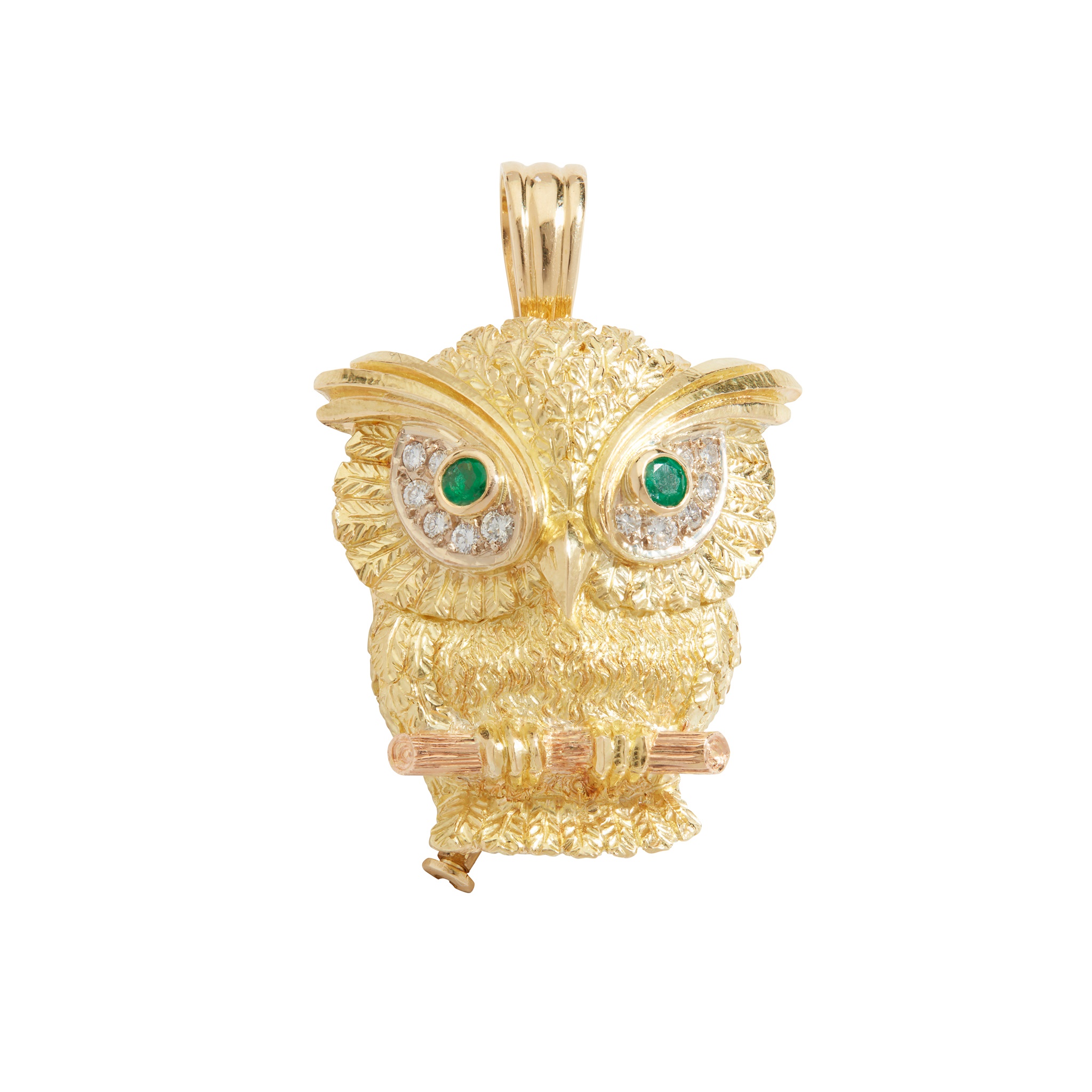 An emerald and diamond owl pendant/brooch