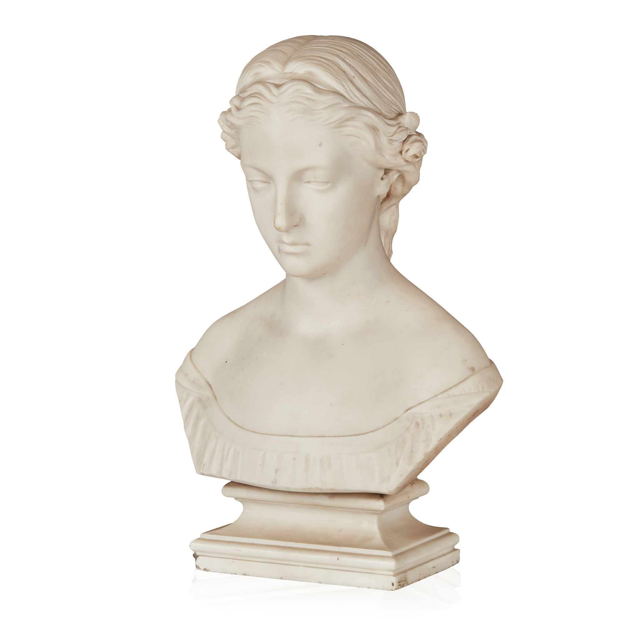 AN ENGLISH WHITE MARBLE BUST OF A YOUNG WOMAN