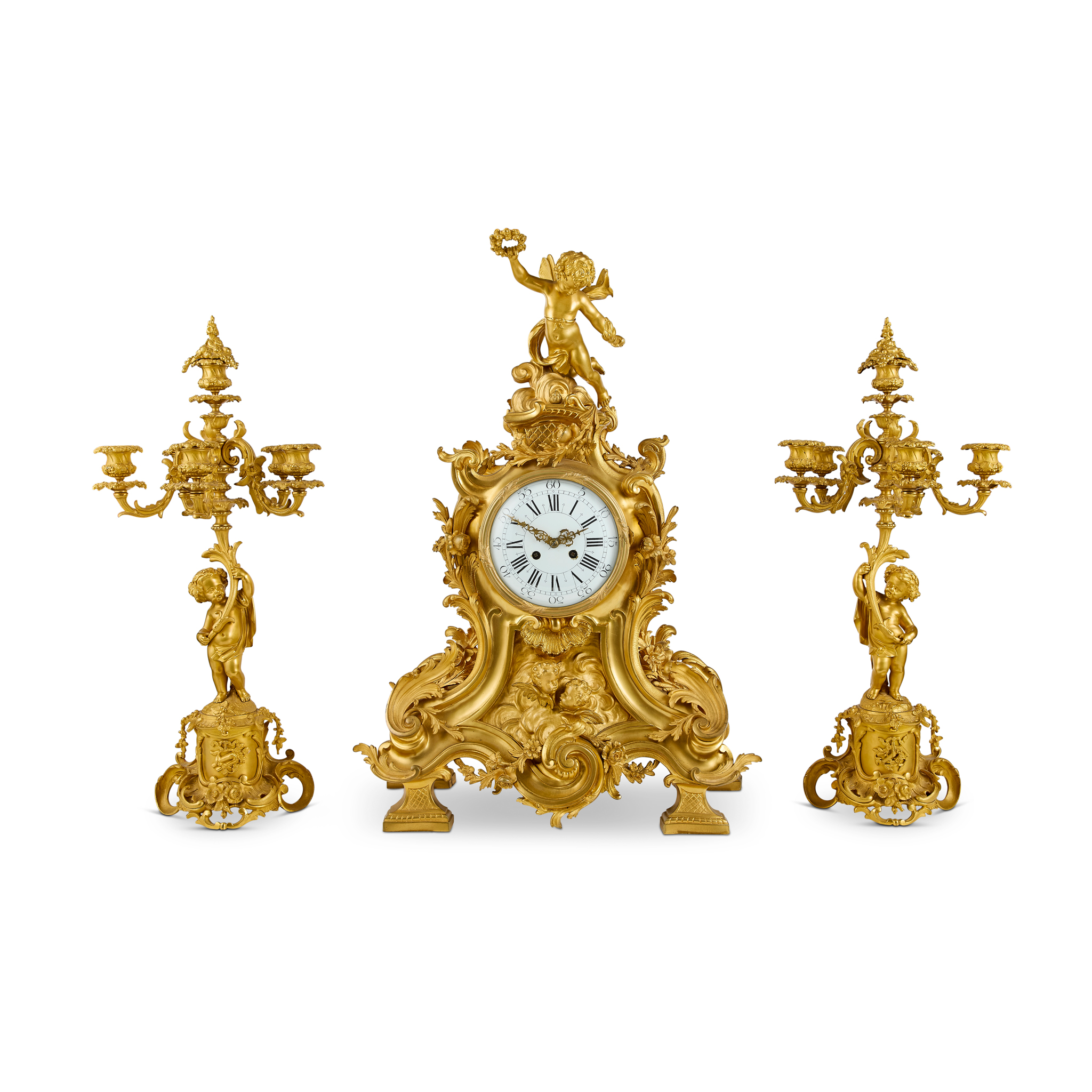 FRENCH NAPOLEON III GILT BRONZE MANTEL CLOCK GARNITURE, IN THE MANNER OF RAINGO FRERES