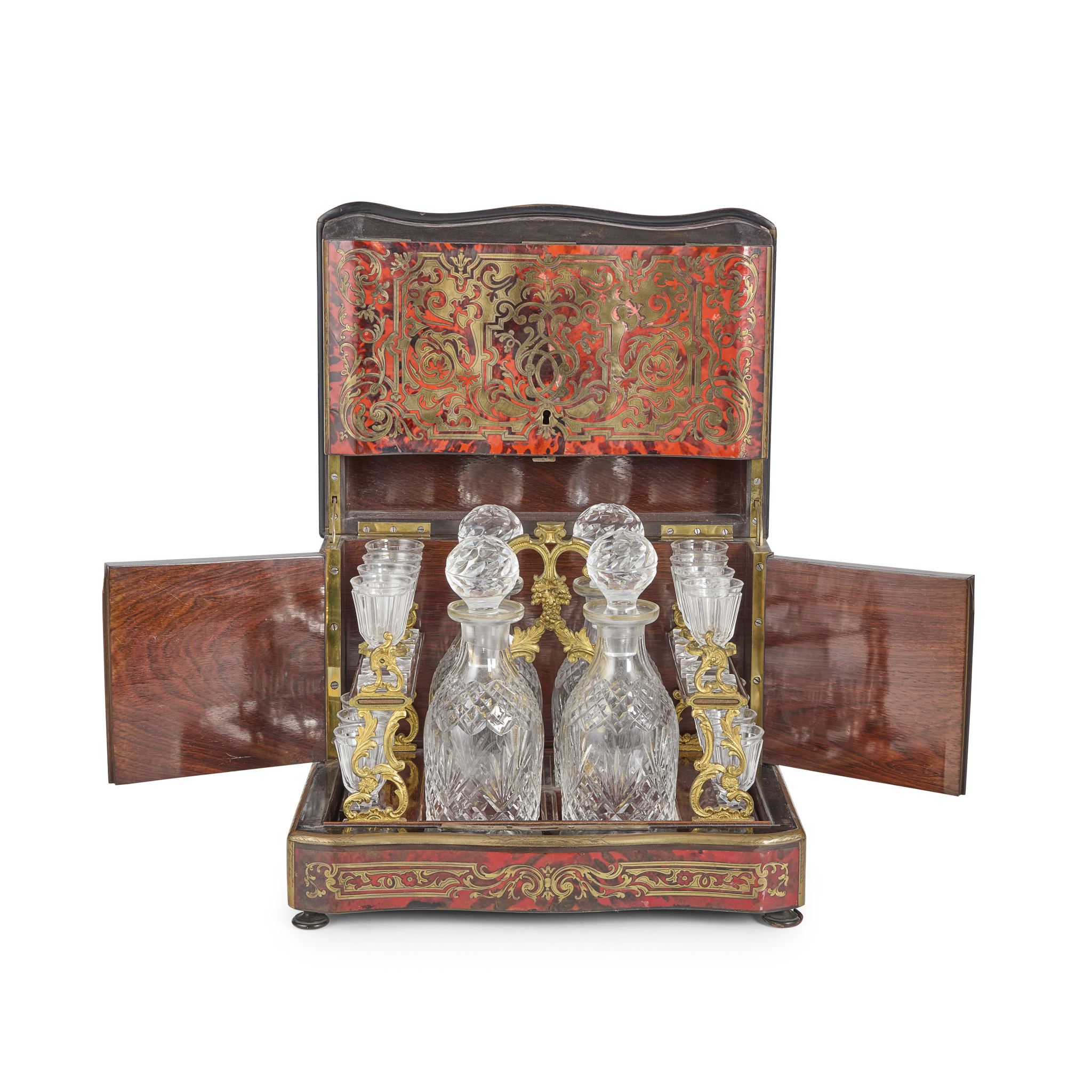 FRENCH EBONISED, RED TORTOISESHELL BOULLE MARQUETRY DECANTER BOX