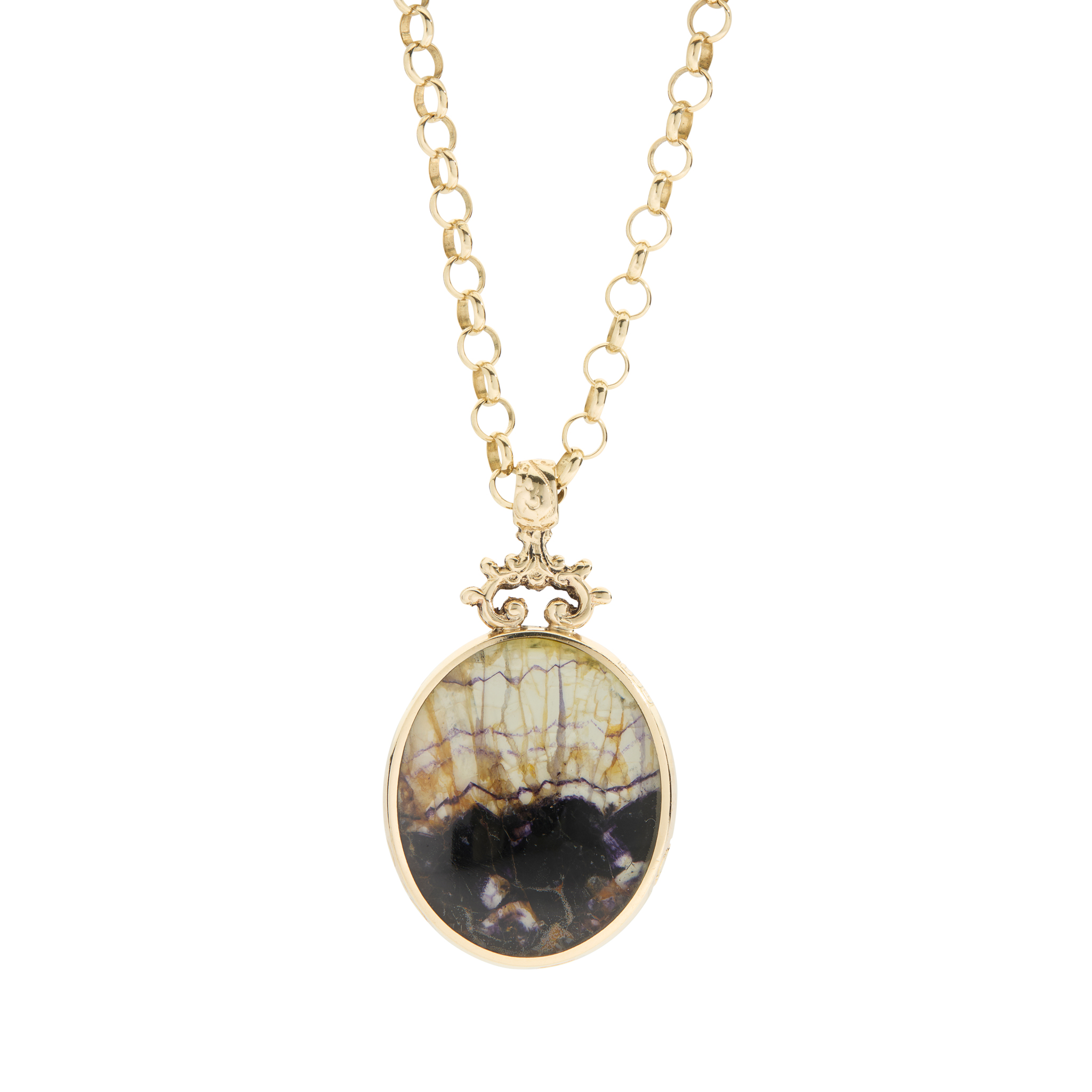 A 9ct gold malachite and blue john pendant necklace