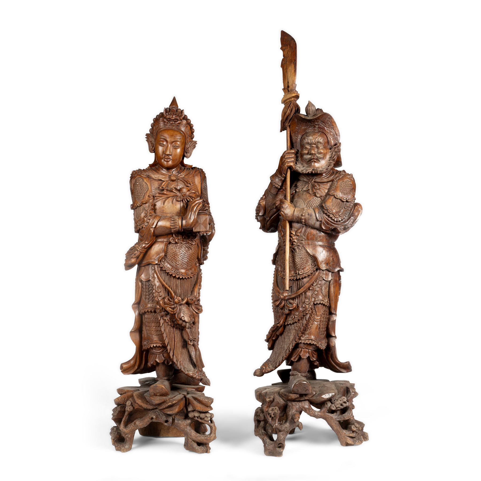 A PAIR OF CHINESE HARDWOOD FIGURES DEPICTING A WARRIOR AND A BIJIN