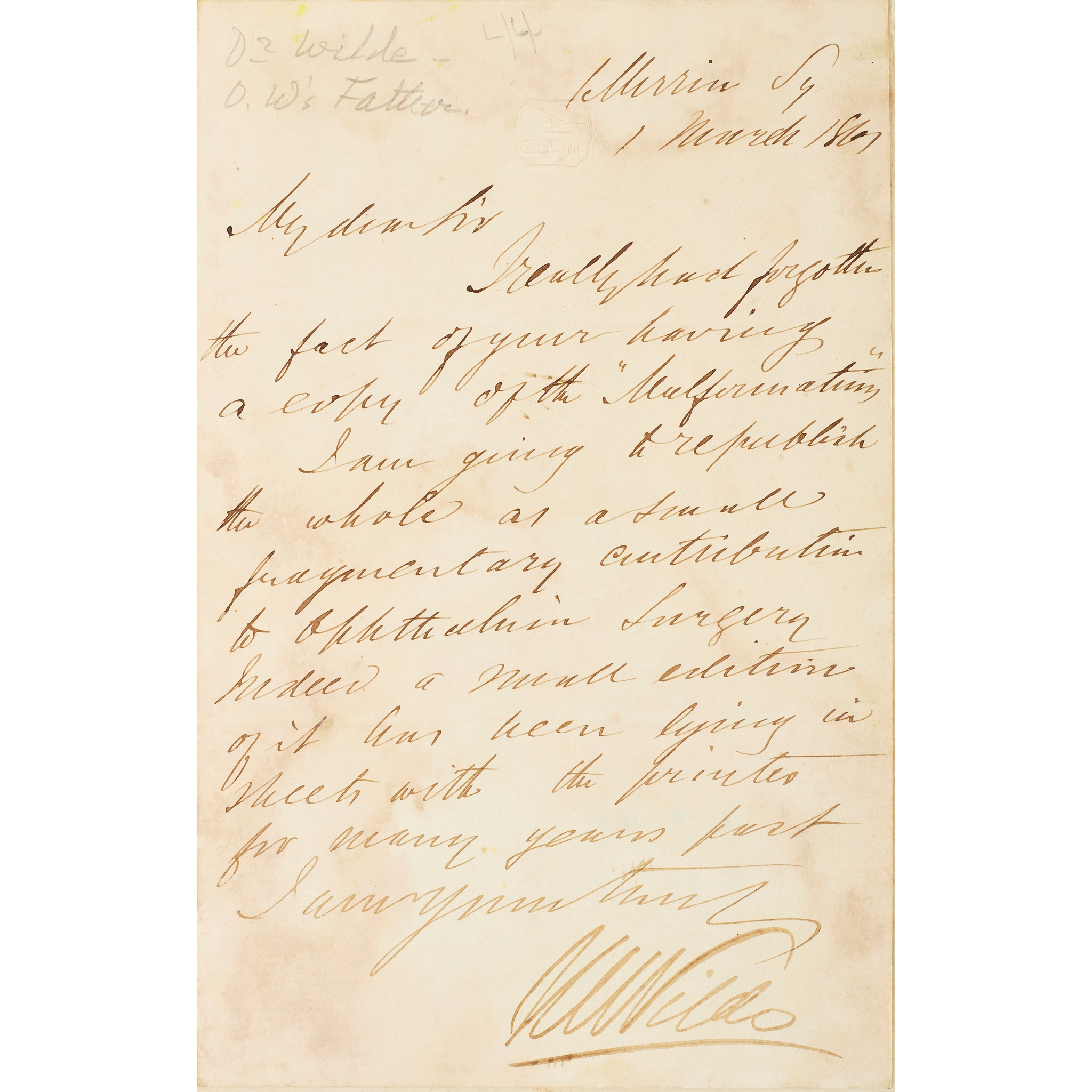 Wilde, Sir William Robert Wills (1815-1876), ophthalmologist & father of Oscar Wilde