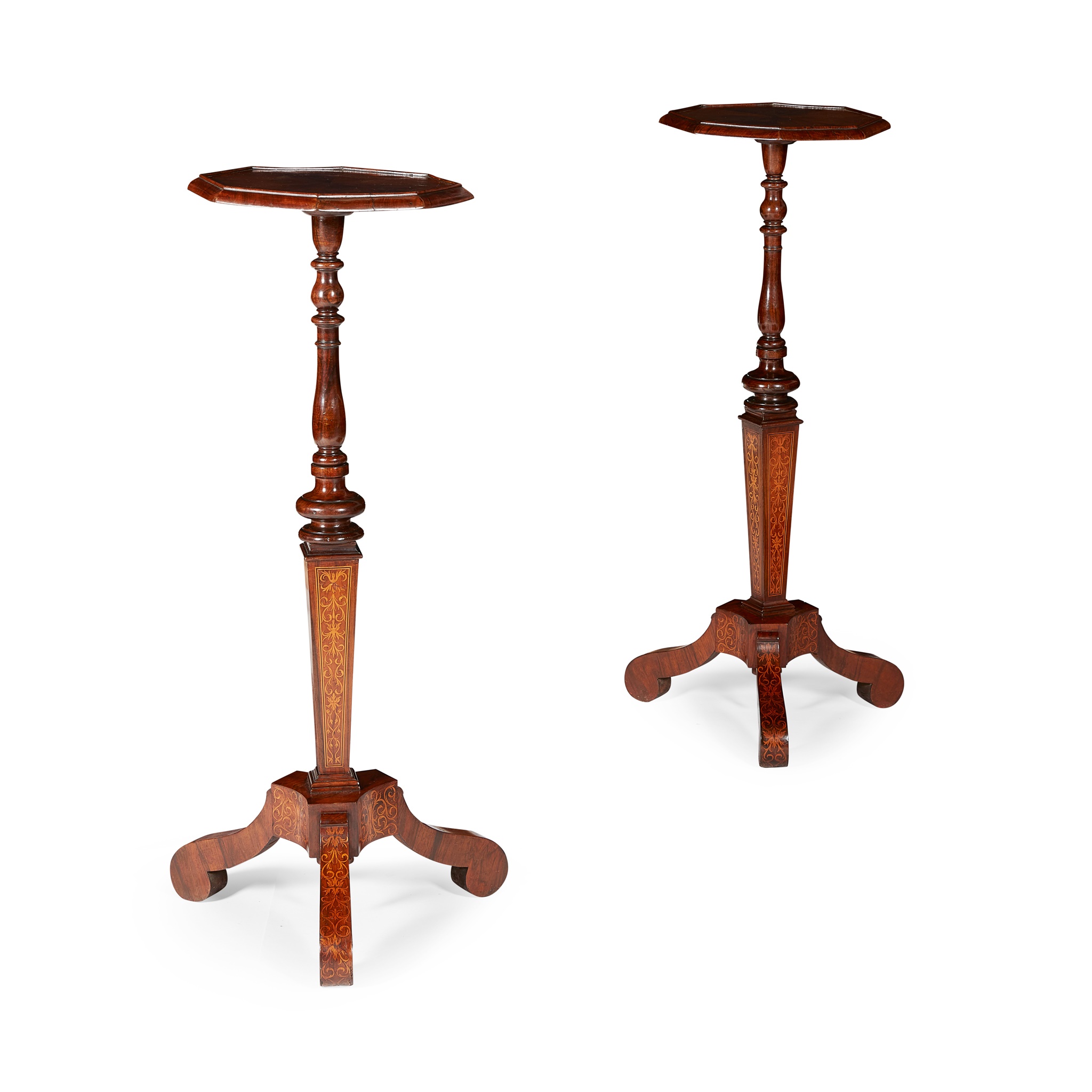 PAIR OF QUEEN ANNE STYLE WALNUT AND SEAWEED MARQUETRY TORCHERE STANDS