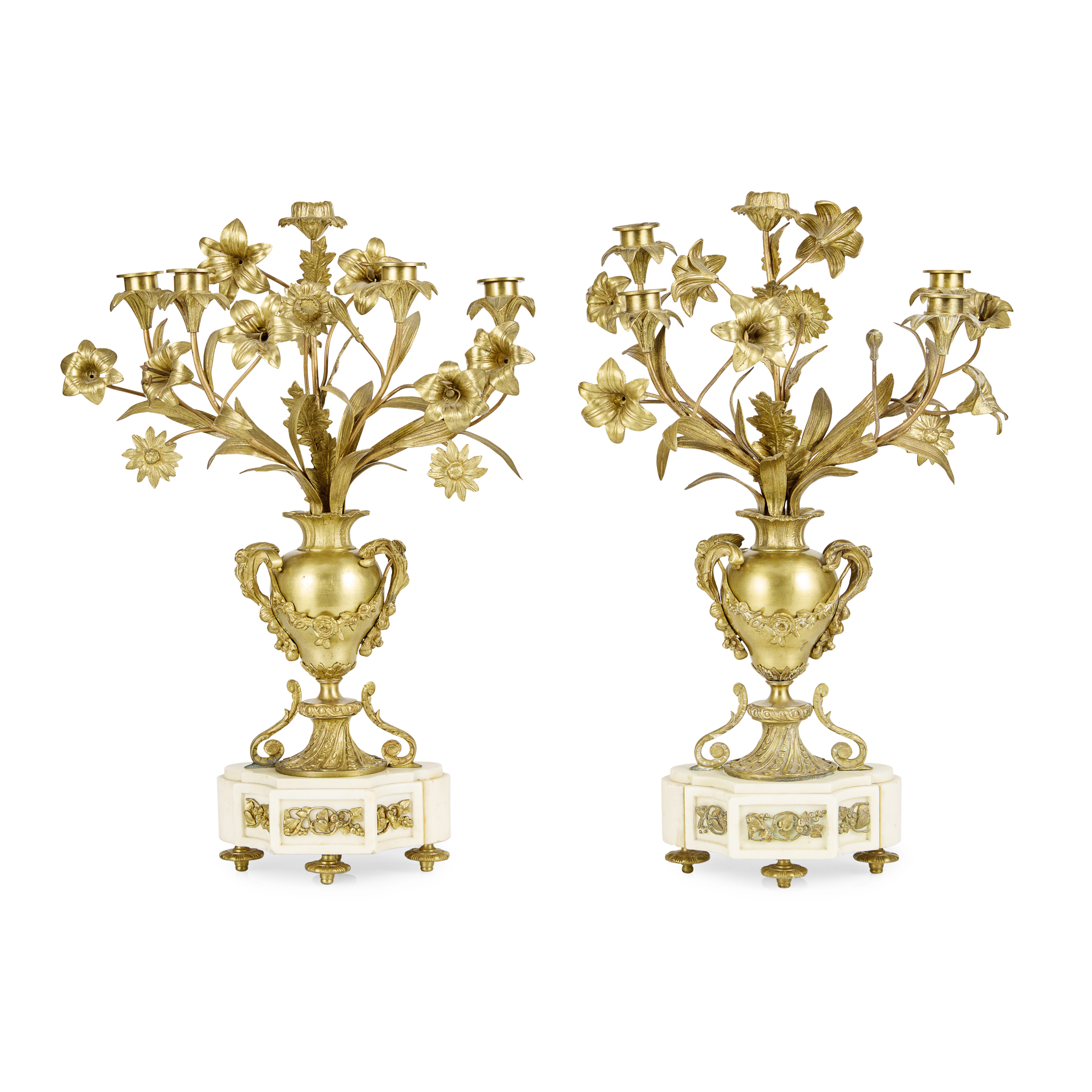 PAIR OF FRENCH BRASS AND WHITE MARBLE CANDELABRA