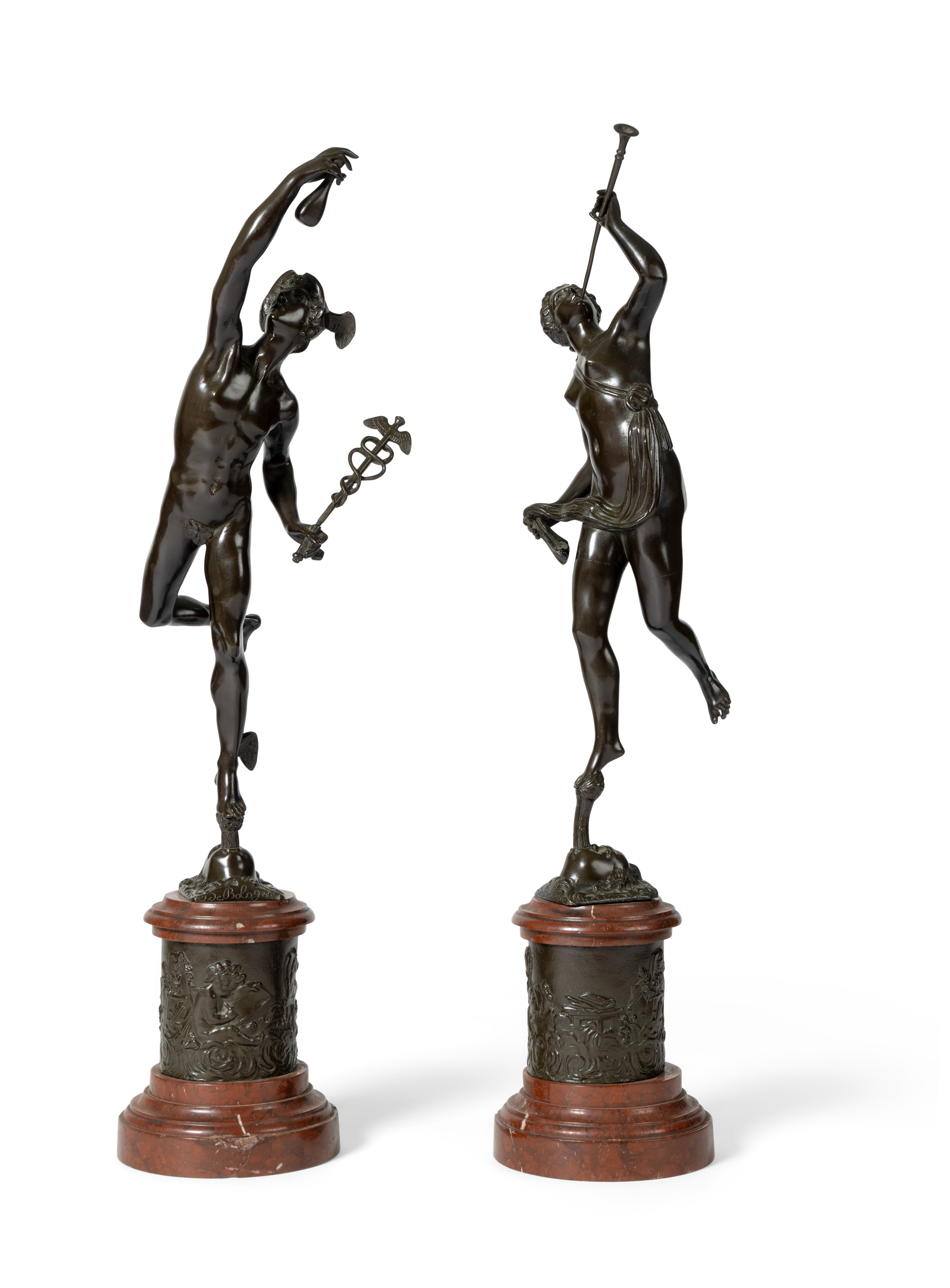 A PAIR OF BRONZE FIGURES MODELLED AS MERCURY AND FORTUNA, AFTER GIAMBOLOGNA (ITALIAN 1529-1608)