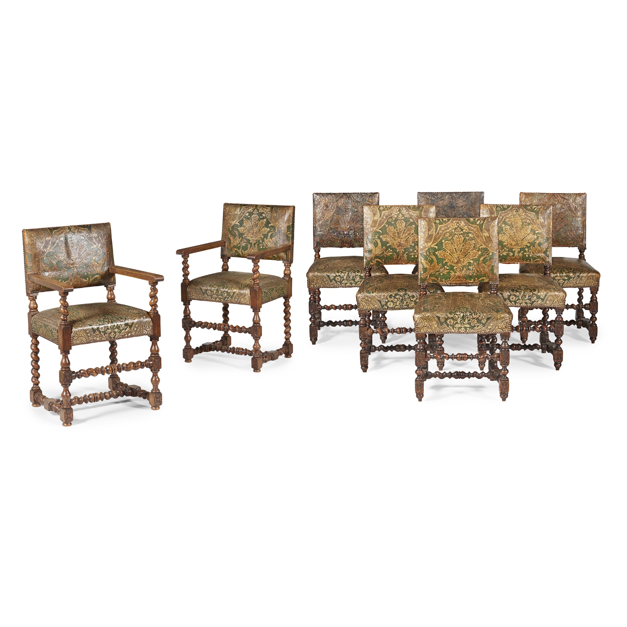 SET OF EIGHT CAROLEAN STYLE OAK AND POLYCHROME LEATHER DINING CHAIRS