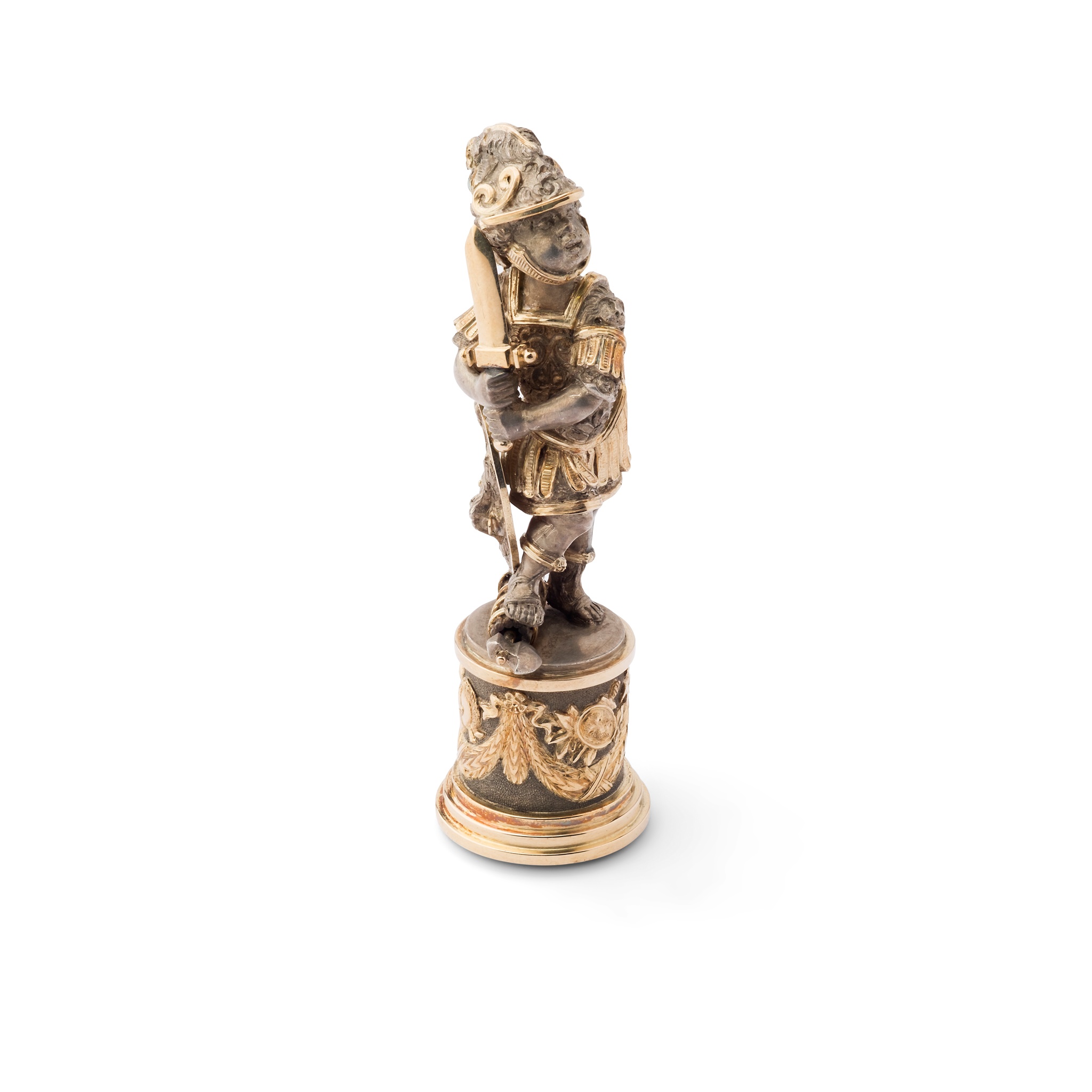 A CONTINENTAL FIGURAL SILVER, GOLD AND AMETHYST DESK SEAL, CIRCA 1850