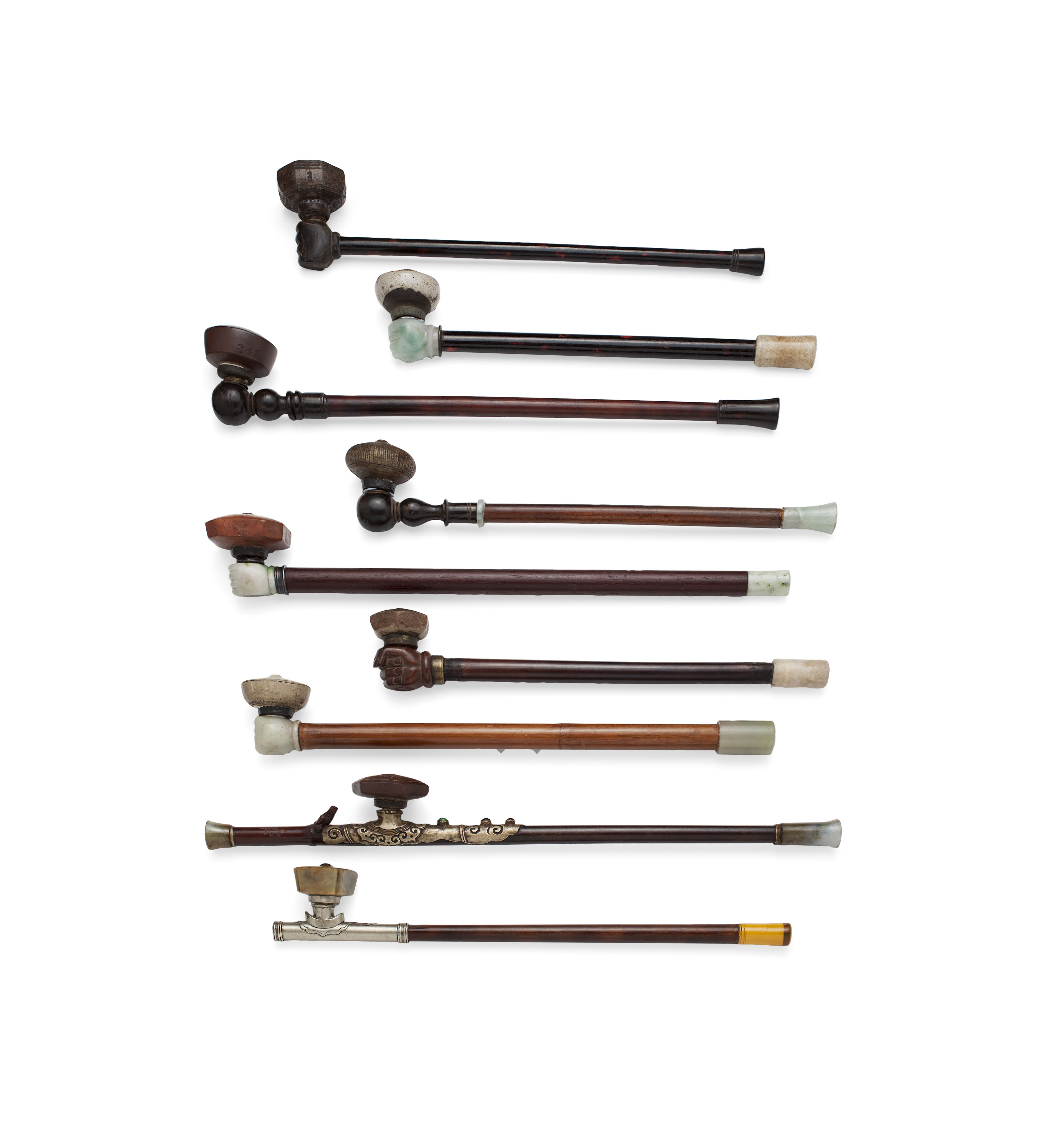 NINE CHINESE OPIUM PIPES AND BOWLS