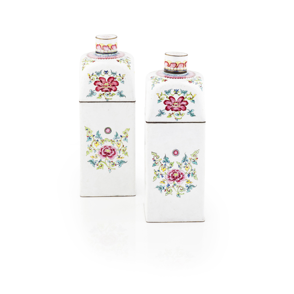 PAIR OF CANTON ENAMEL CANISTERS