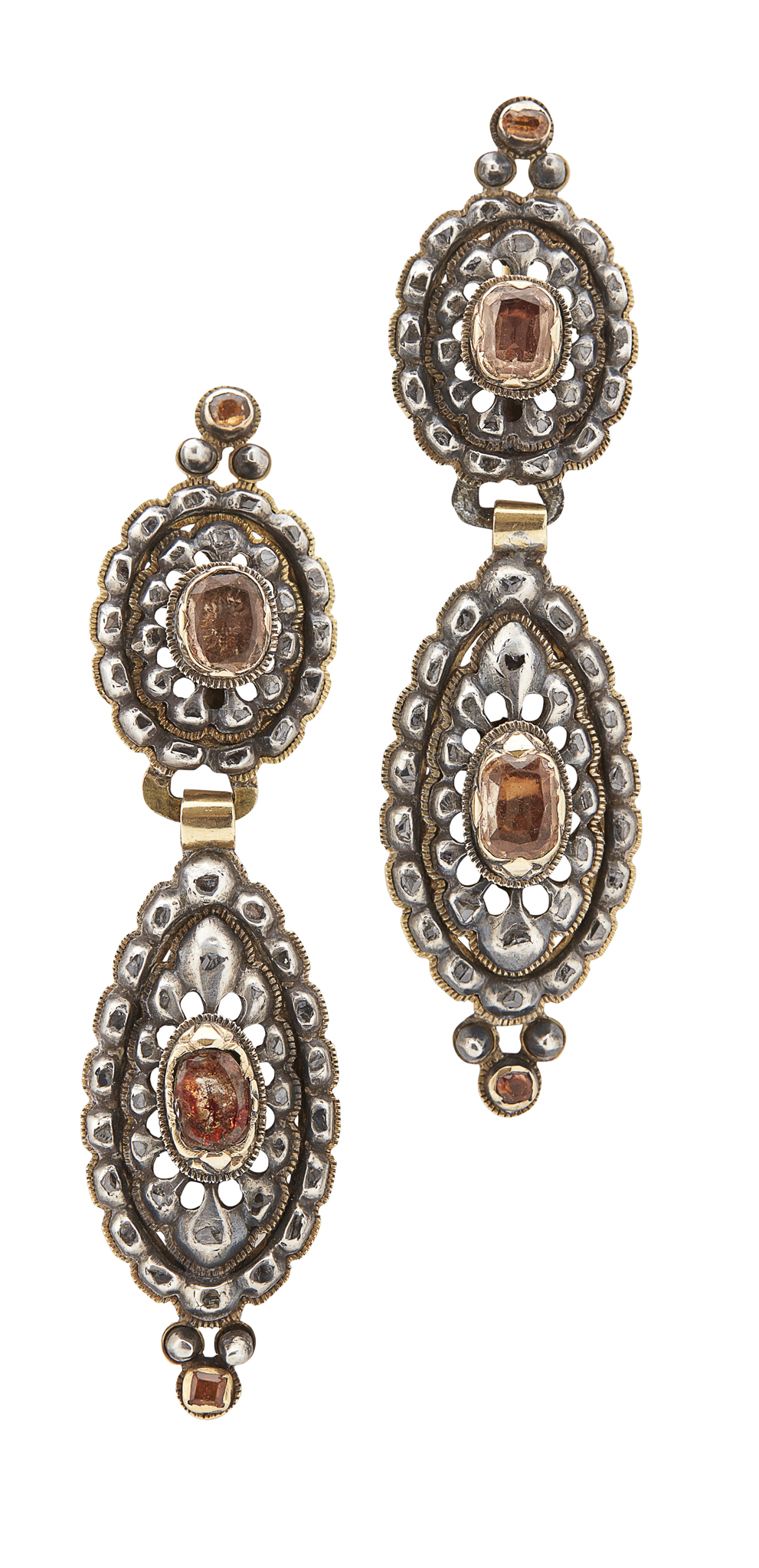 A pair of Iberian topaz and diamond set pendant earrings