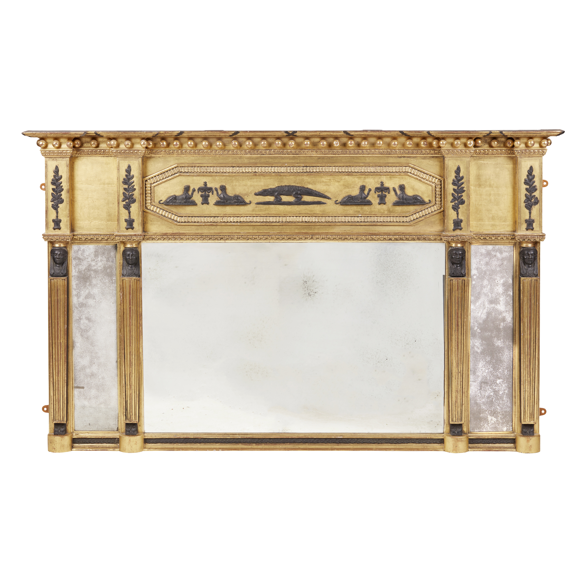 REGENCY EGYPTIAN REVIVAL GESSO, GILTWOOD AND EBONISED TRIPLE OVERMANTEL MIRROR