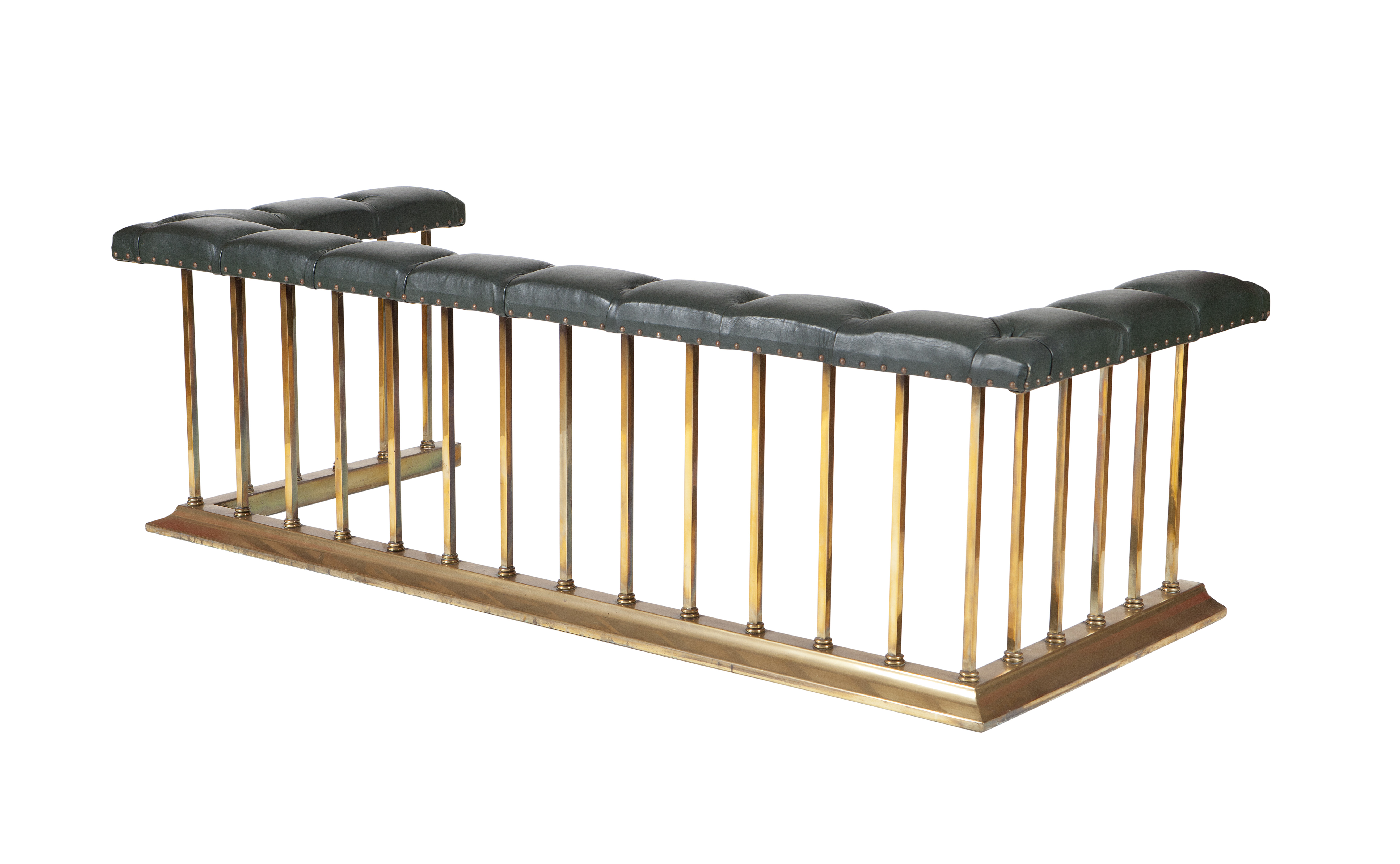 LARGE BRASS AND LEATHER UPHOLSTERED CLUB FENDER