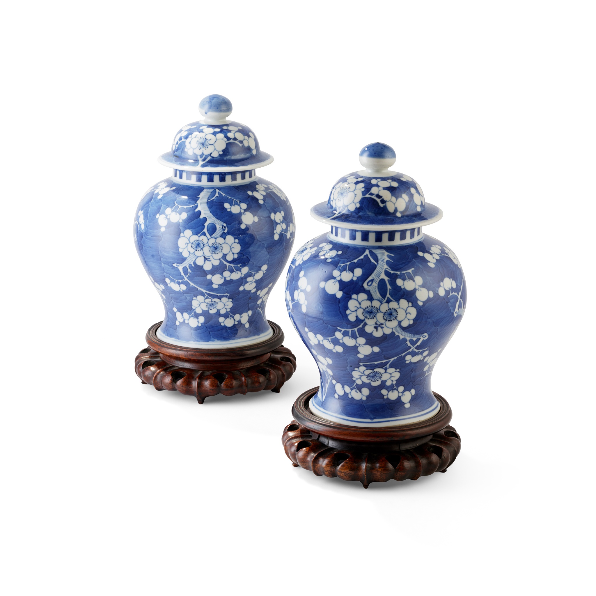 PAIR BLUE AND WHITE LIDDED JARS