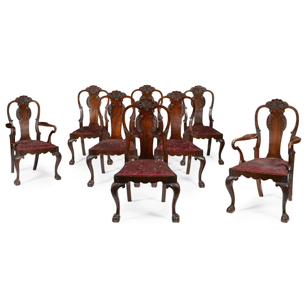 SET OF EIGHT GEORGE I STYLE MAHOGANY DINING CHAIRS