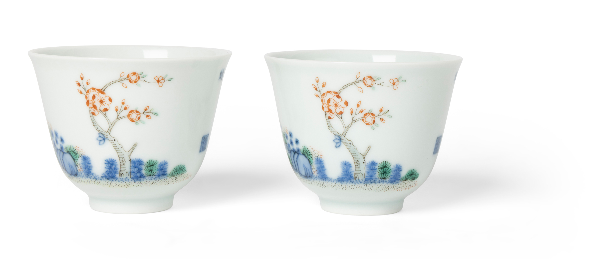 PAIR OF CHINESE WUCAI 'APRICOT BLOSSOM' MONTH CUPS
