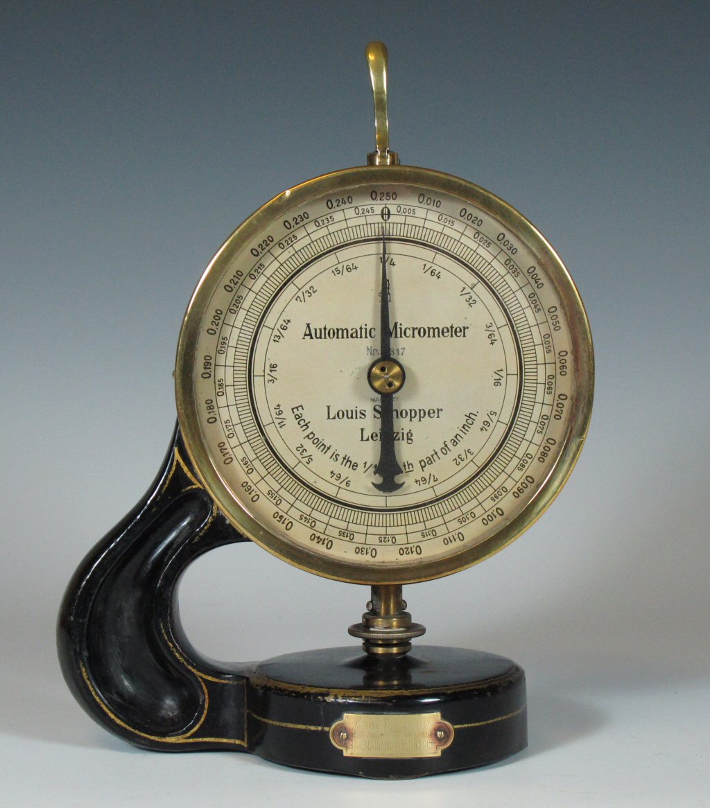 An early 20th century paper micrometer By Louis Shopper, Leipzig, retailed by H. E. Messmer Ltd. London