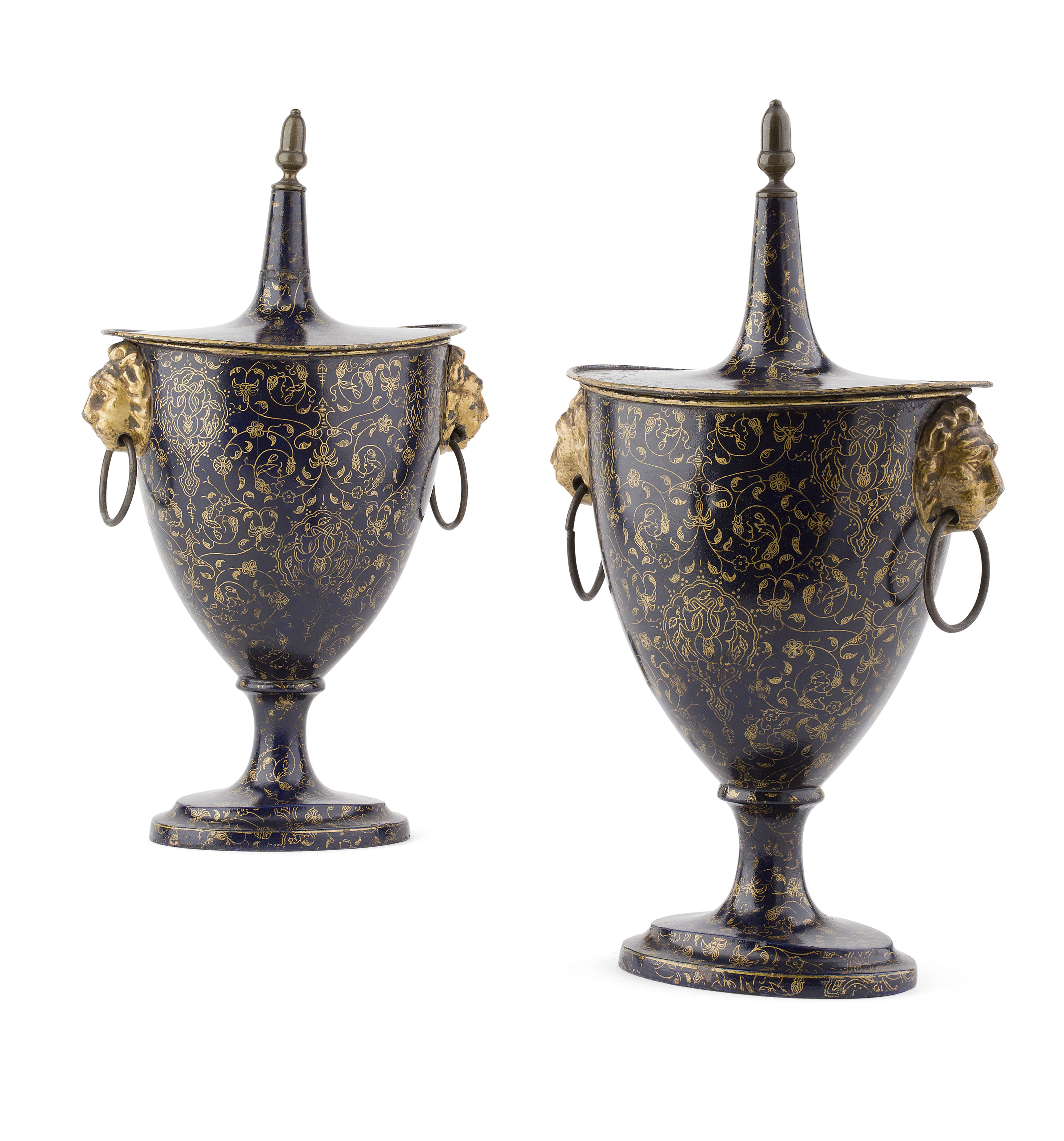 PAIR OF REGENCY TOLE-PAINTED COVERED URNS