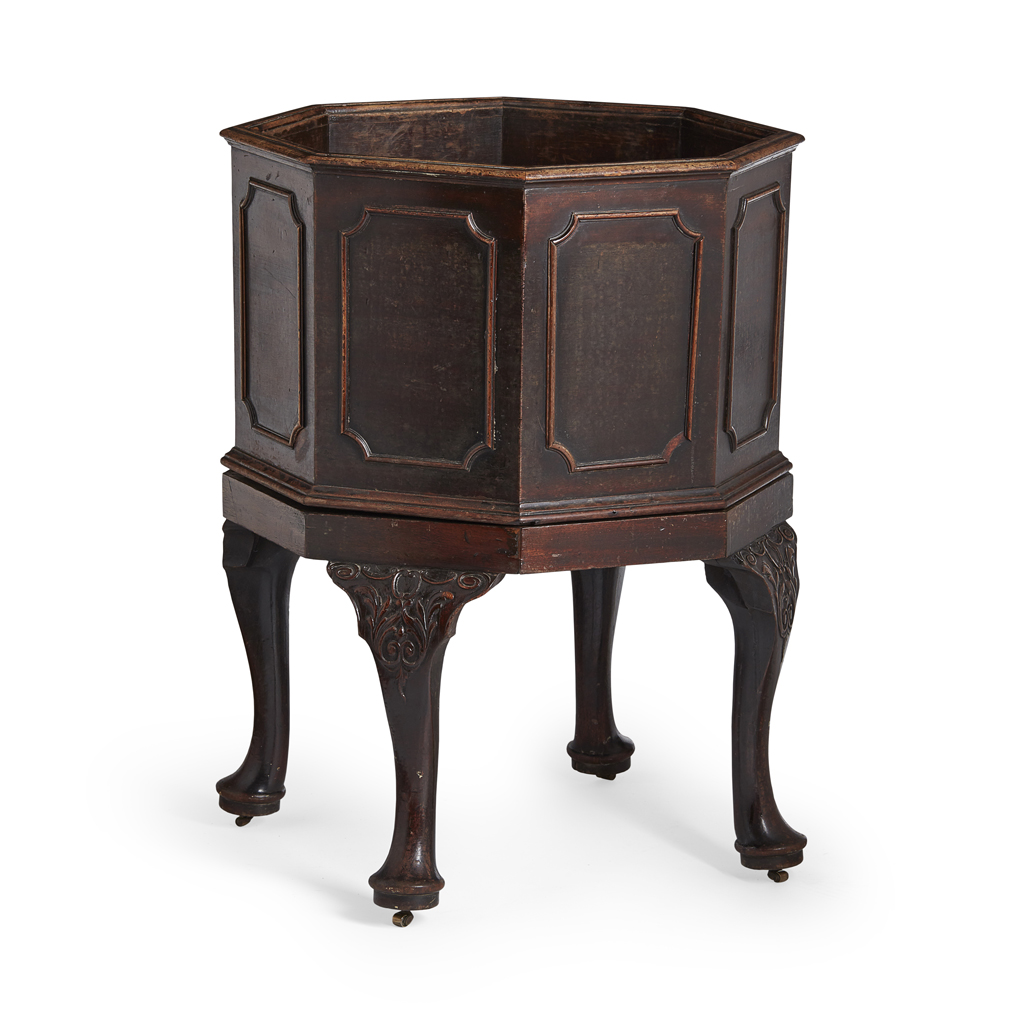 GEORGE III MAHOGANY HEXAGONAL WINE COOLER ON STAND