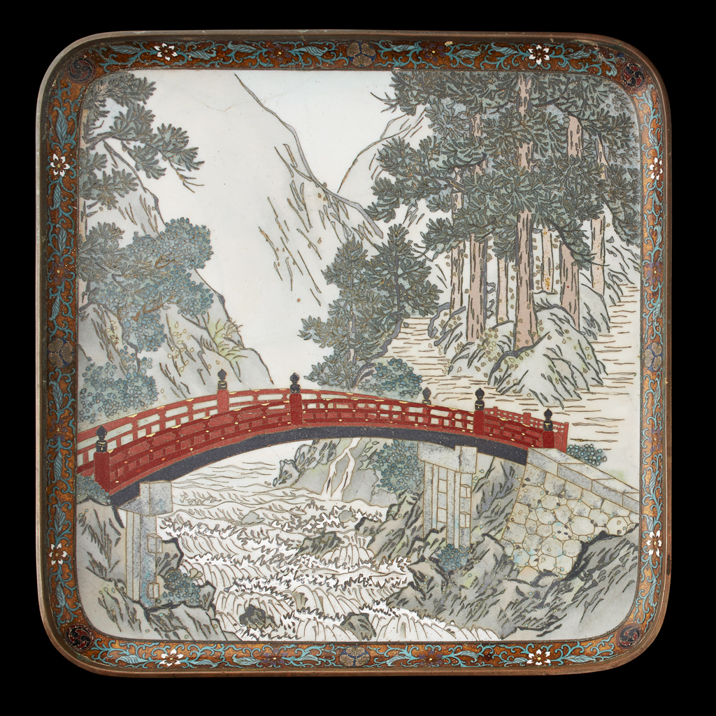 SQUARE CLOISONNÉ ENAMEL 'LANDSCAPE' TRAY