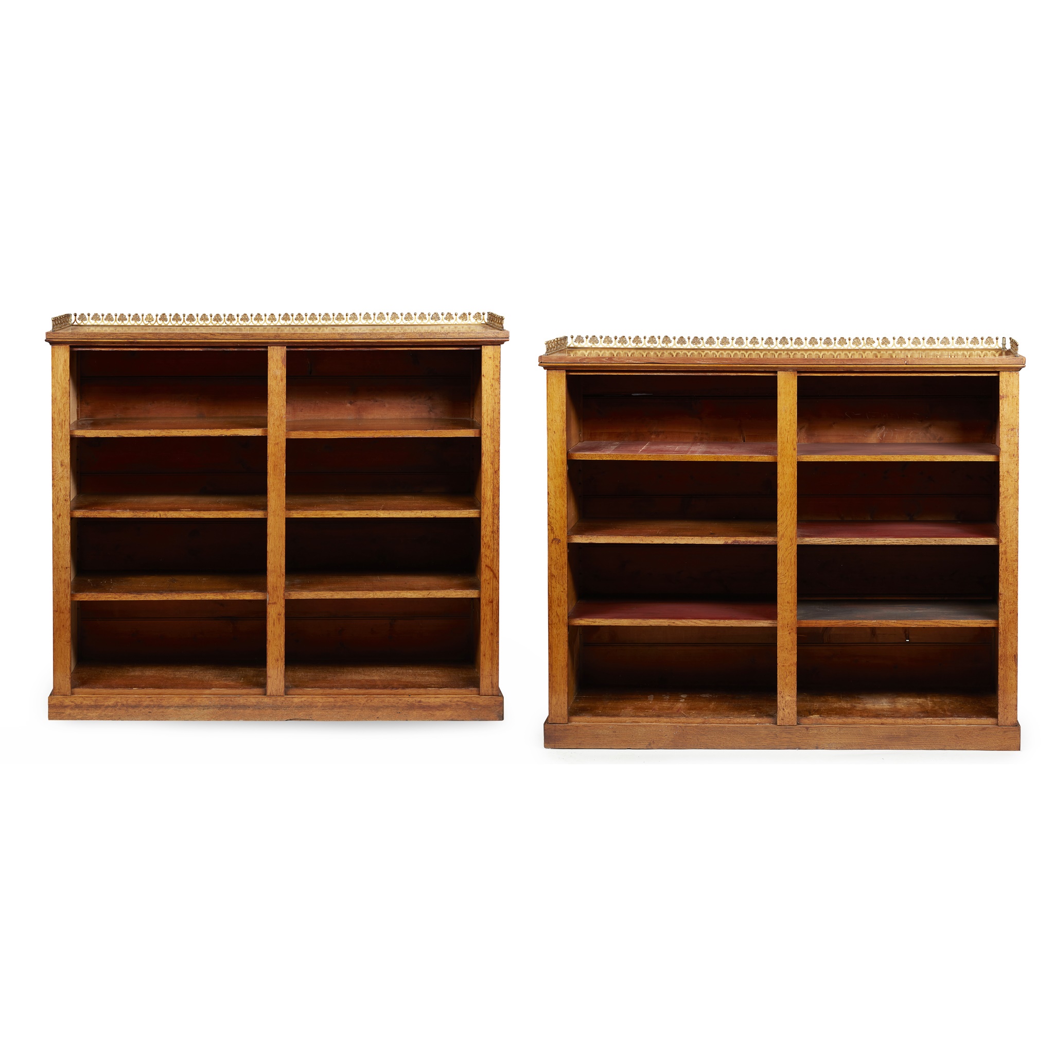 PAIR OF REGENCY OAK BRASS MOUNTED OPEN BOOKCASES