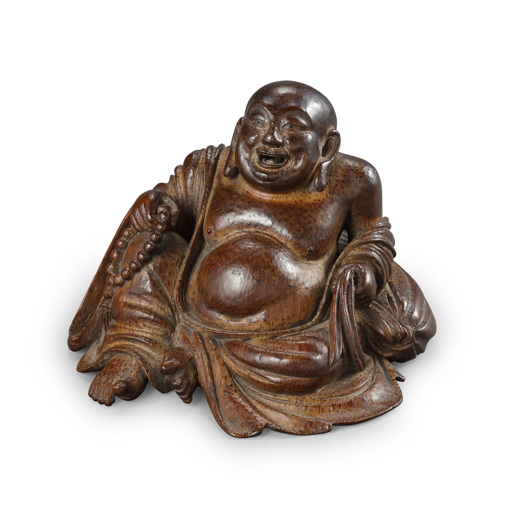 FINE AND RARE CARVED BAMBOO FIGURE OF LAUGHING BUDAI