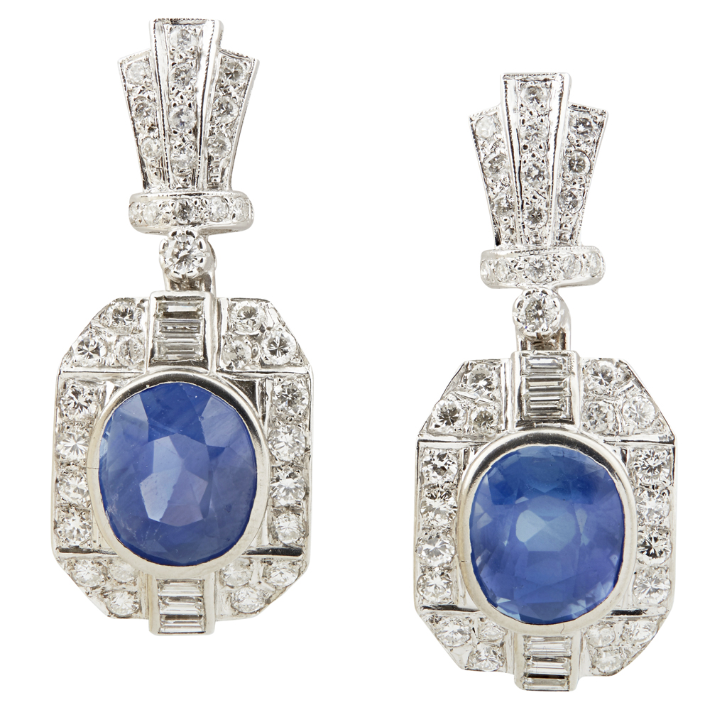 A pair of Art Deco style sapphire and diamond set pendant earrings